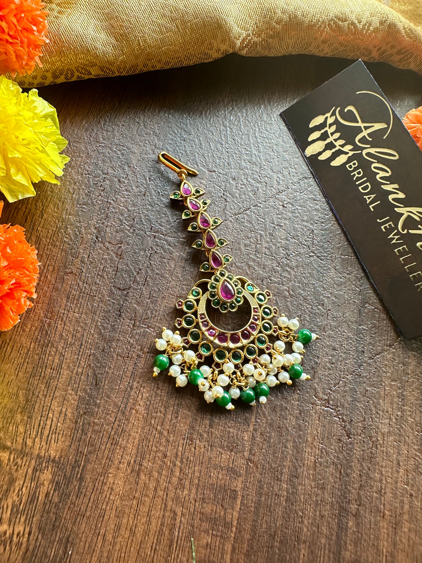 Premium Ruby Kemp Chutti / Tikka with Green Beads