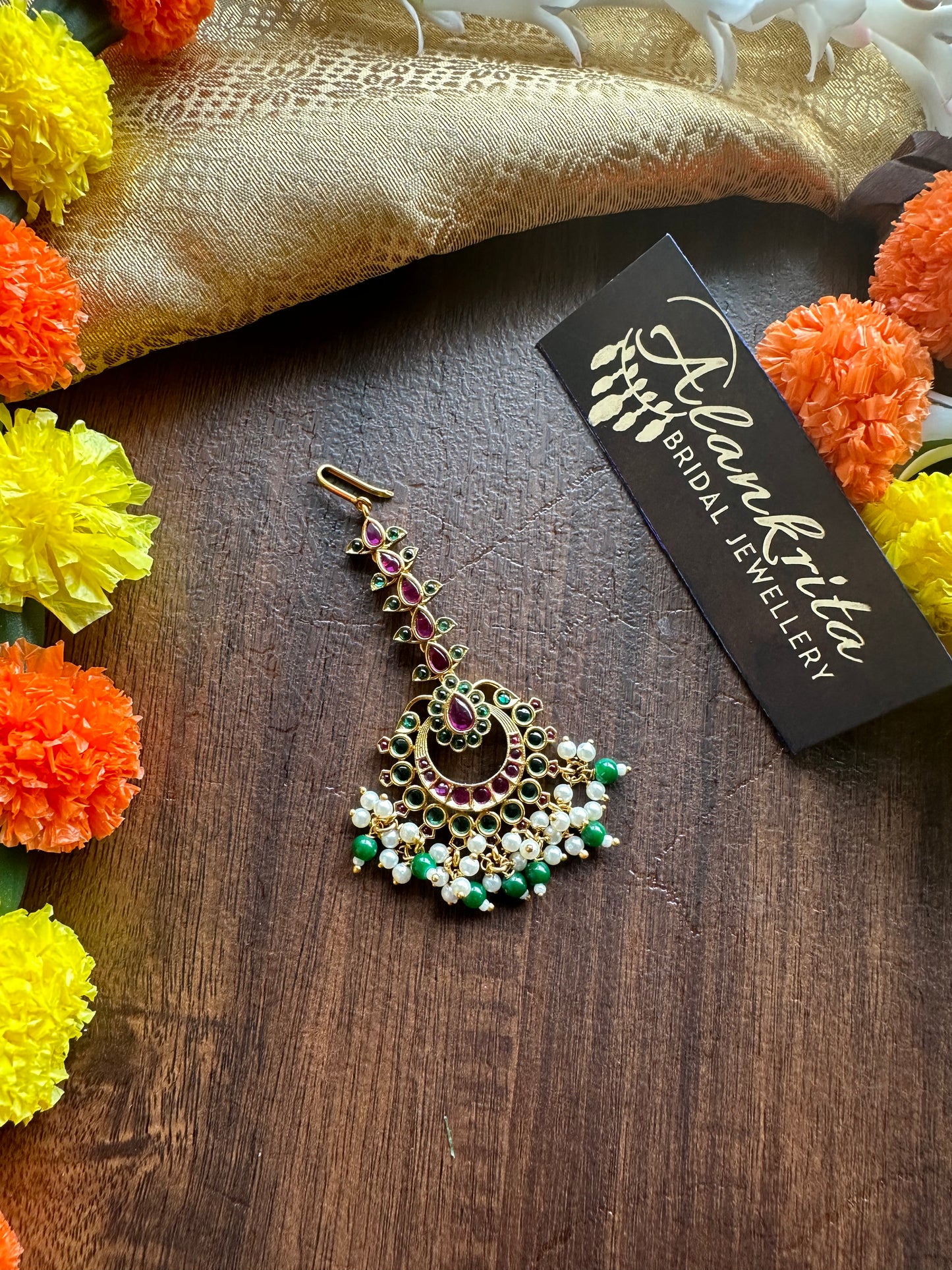 Premium Ruby Kemp Chutti / Tikka with Green Beads
