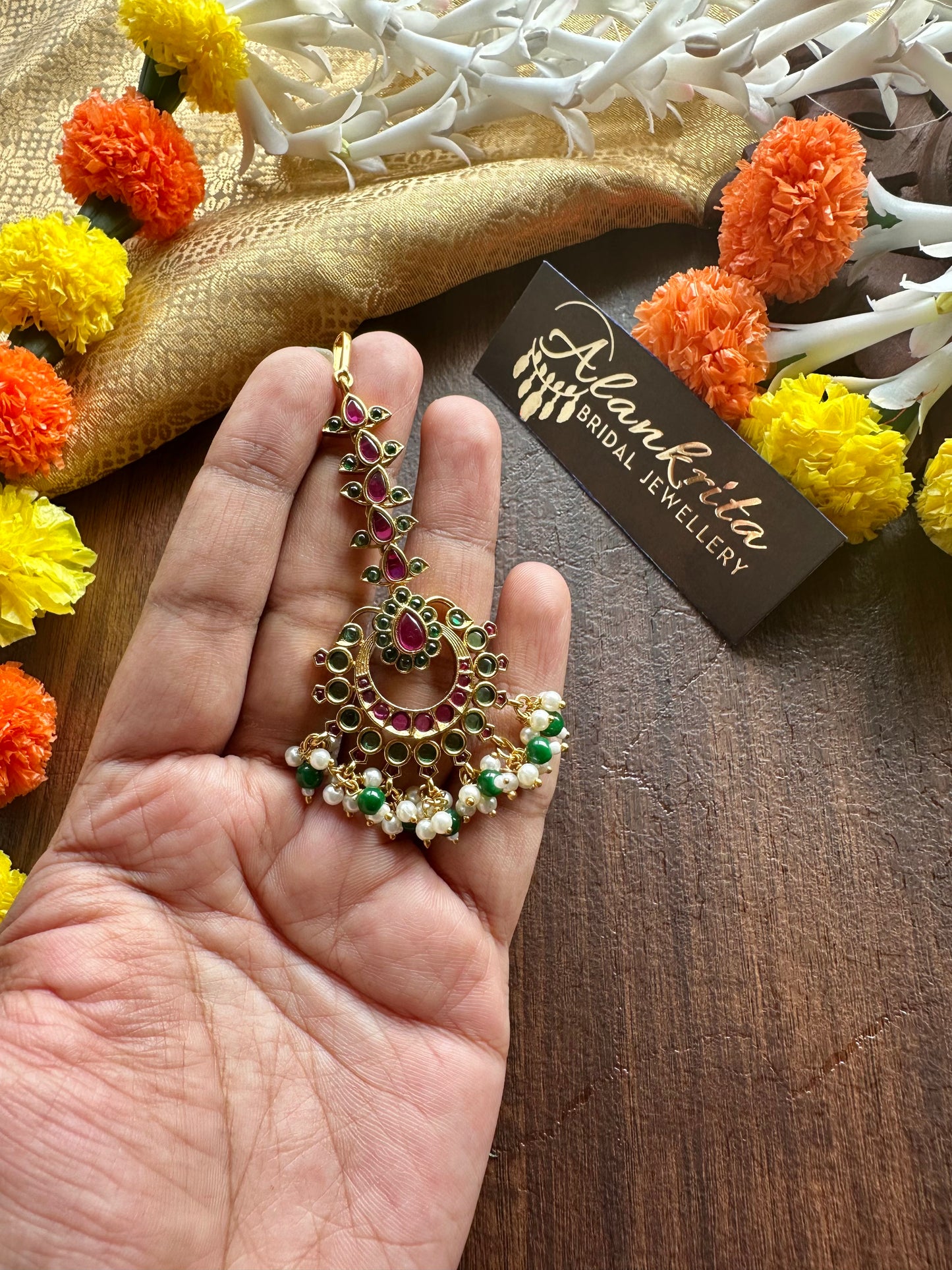 Premium Ruby Kemp Chutti / Tikka with Green Beads