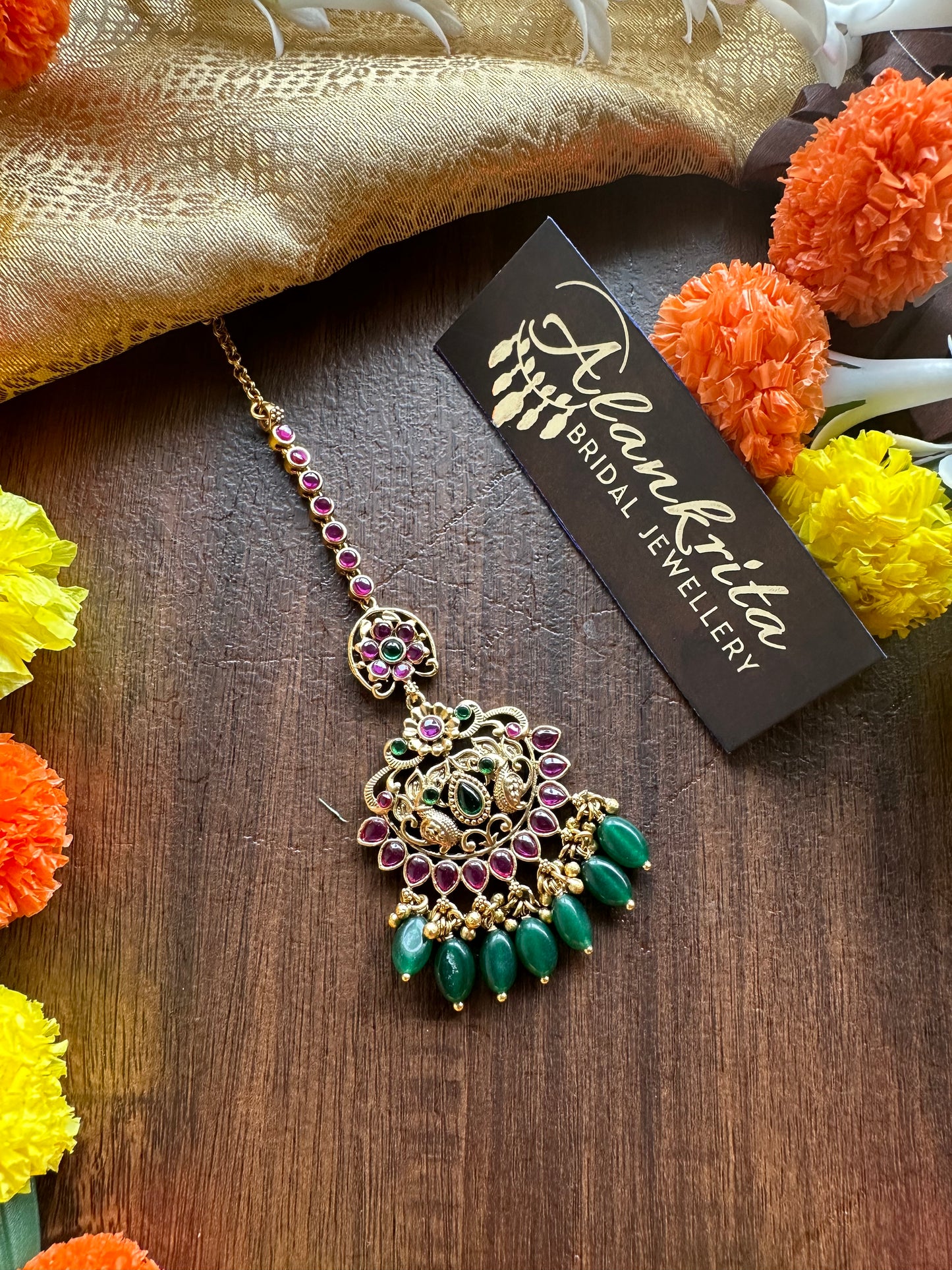 Peacock Kemp Chutti / Tikka with Green Beads