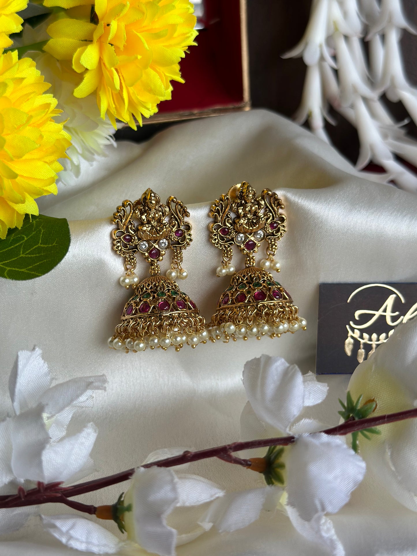 Premium Antique Lakshmi Jhumka with Kemp Stones & Pearl Beads