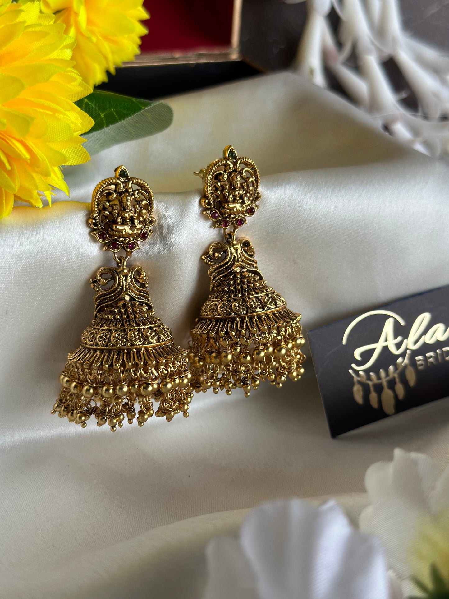 Premium Antique Temple Jhumka with Golden Beads