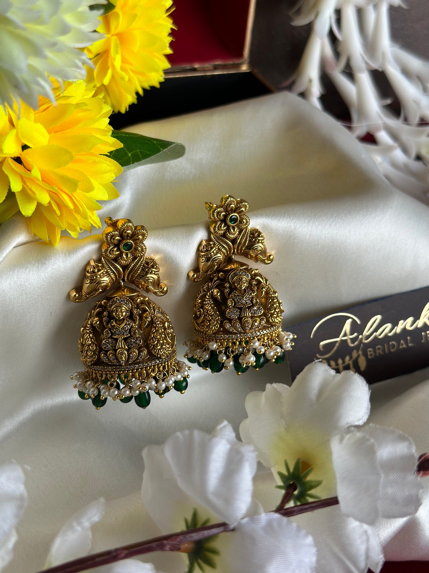 Premium Antique Temple Jhumka with Green Beads