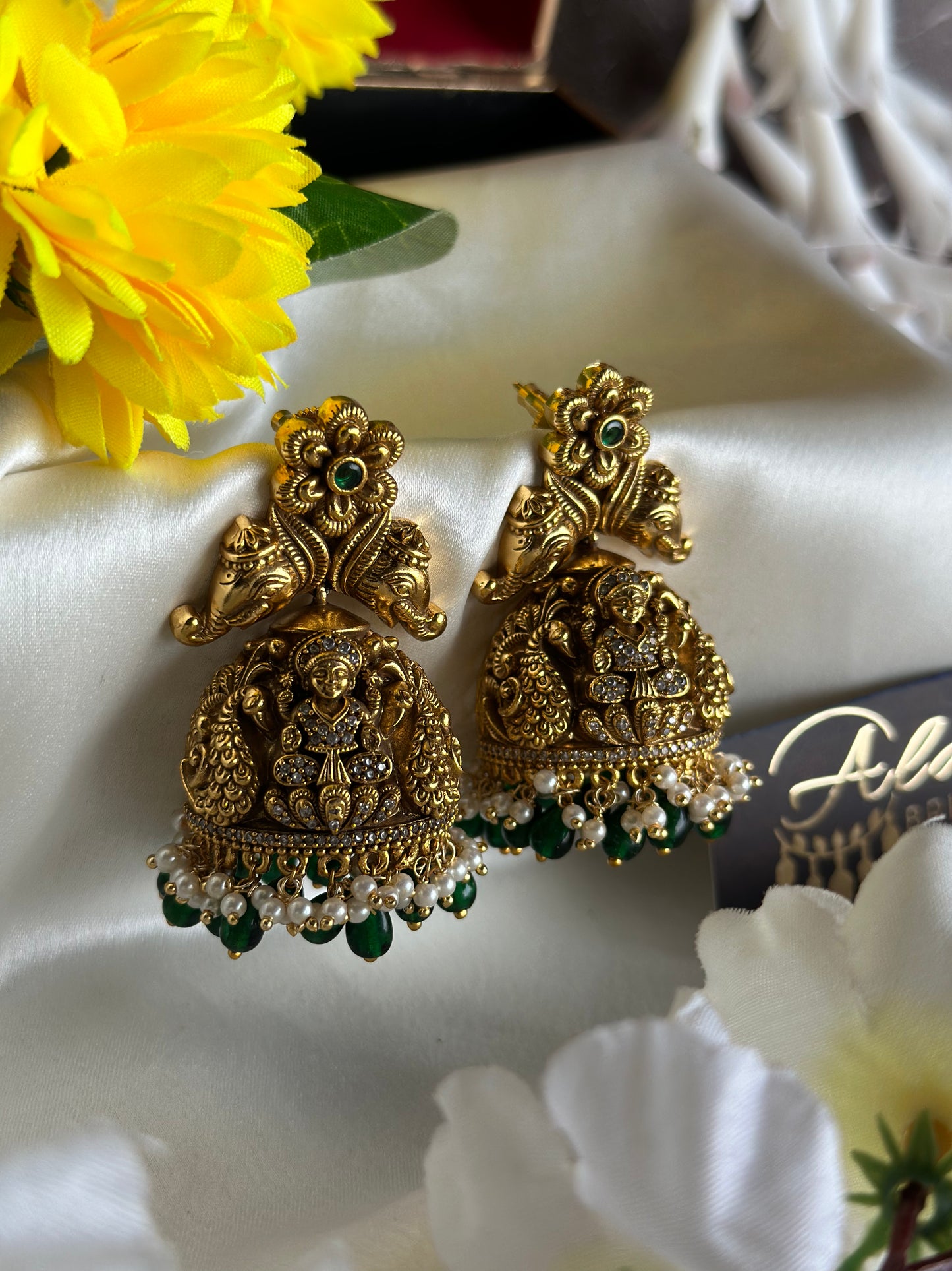Premium Antique Temple Jhumka with Green Beads