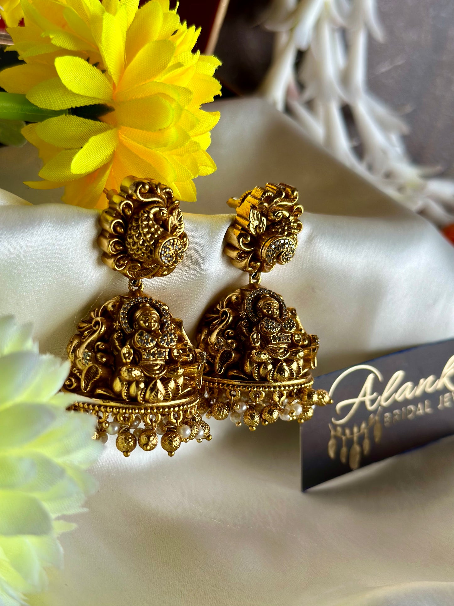 Premium Antique Temple Jhumka with AD stones