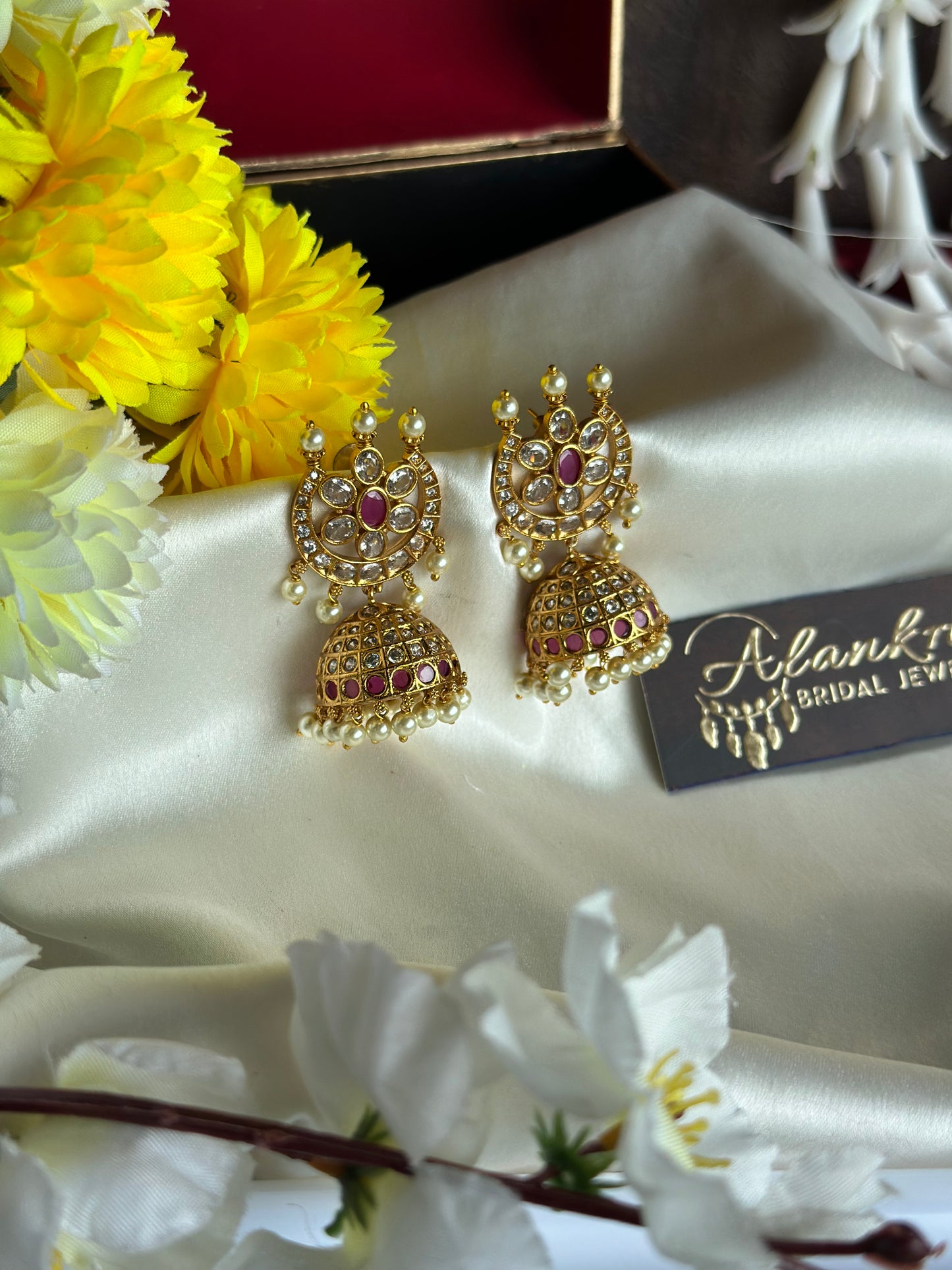 Premium Jhumka with White Stones & Pearl Beads