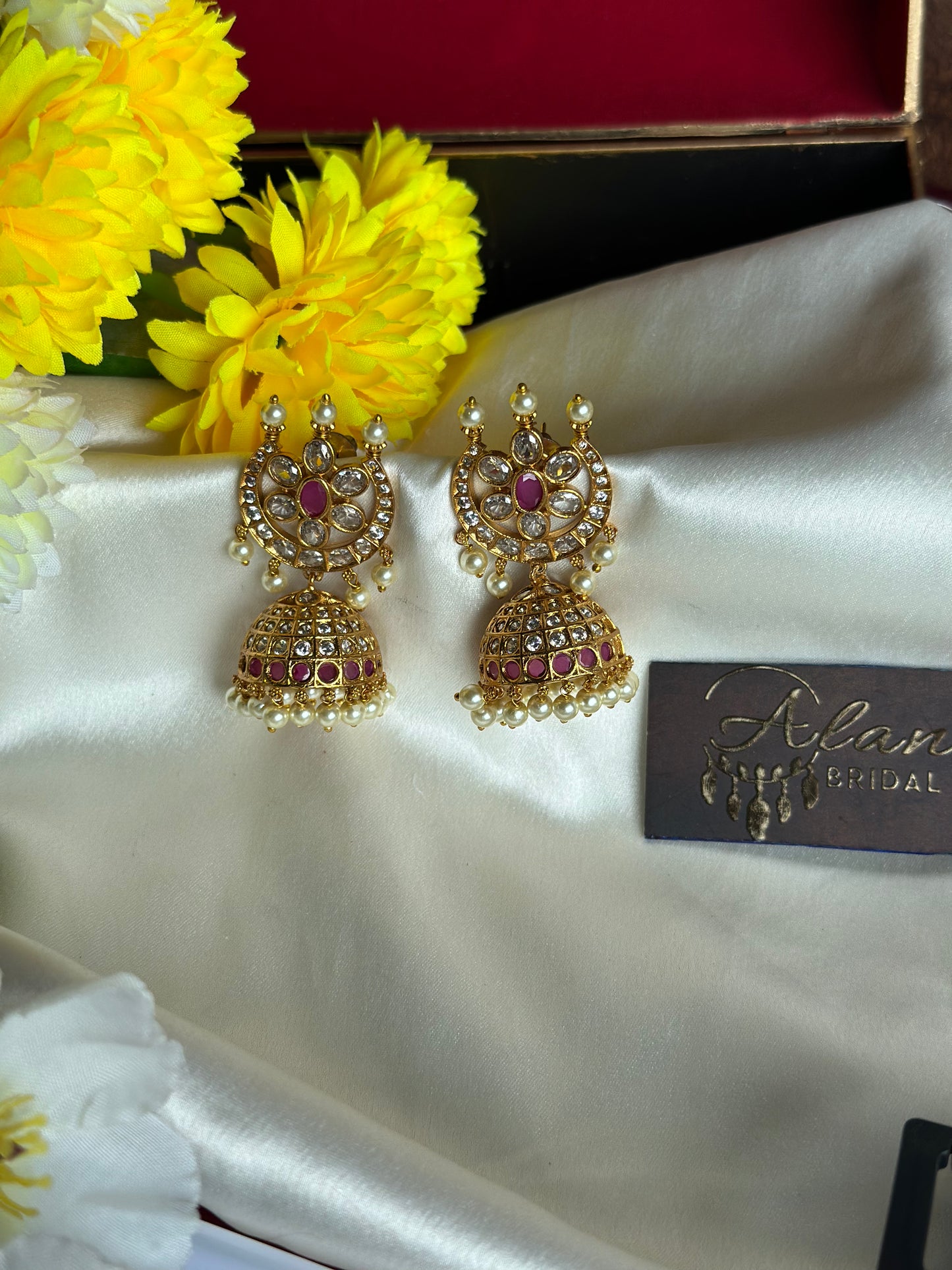 Premium Jhumka with White Stones & Pearl Beads