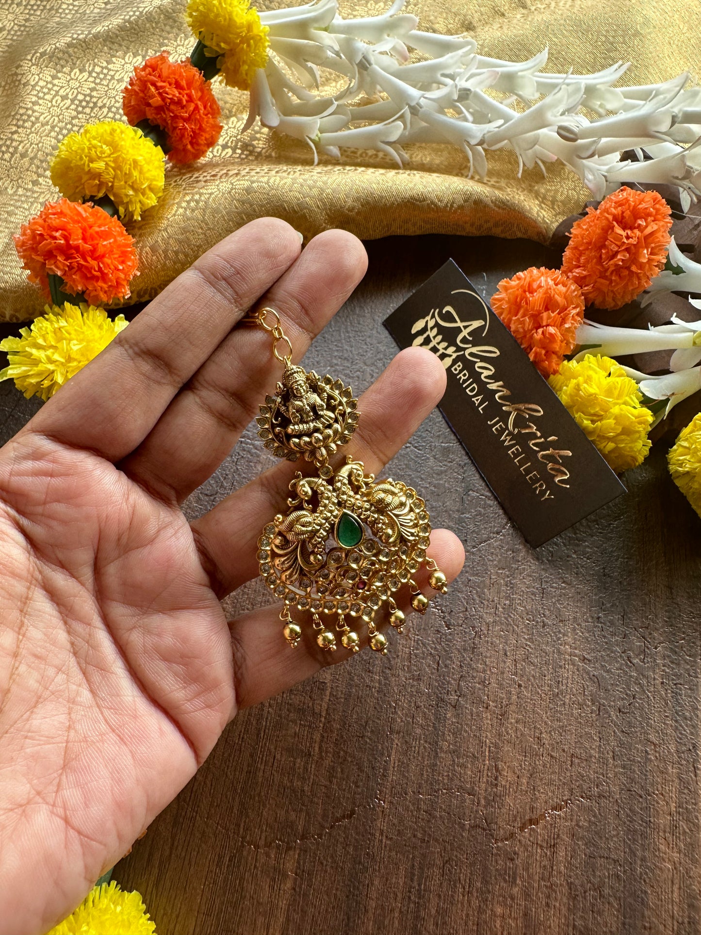 Lakshmi with Peacock Pattern and Golden Beads - Chutti / Tikka