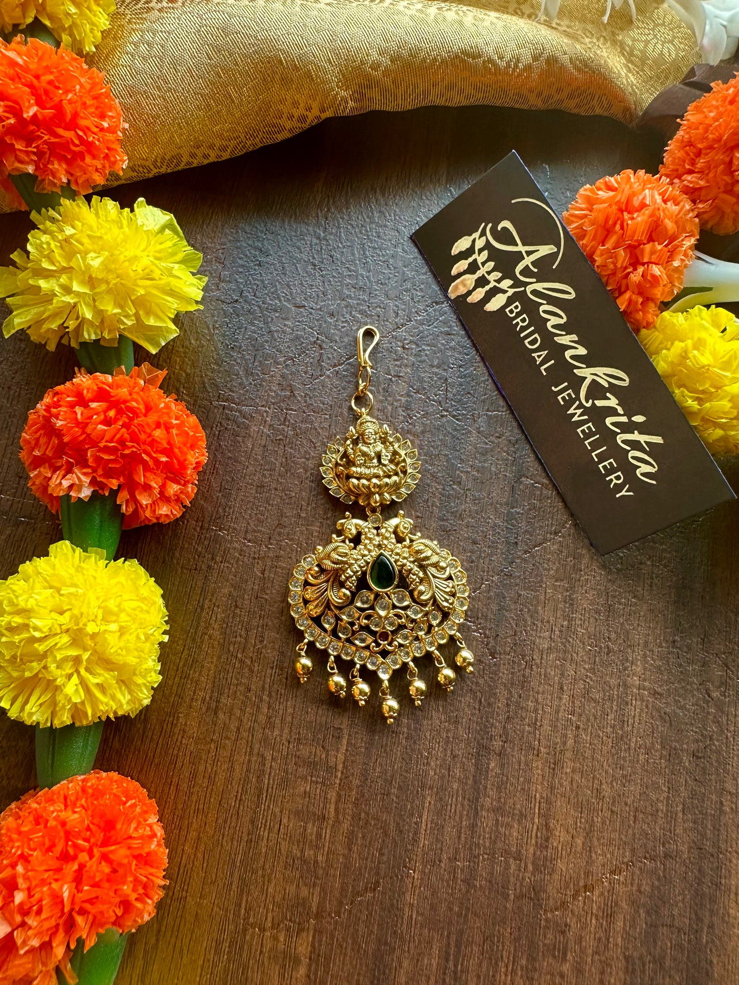 Lakshmi with Peacock Pattern and Golden Beads - Chutti / Tikka