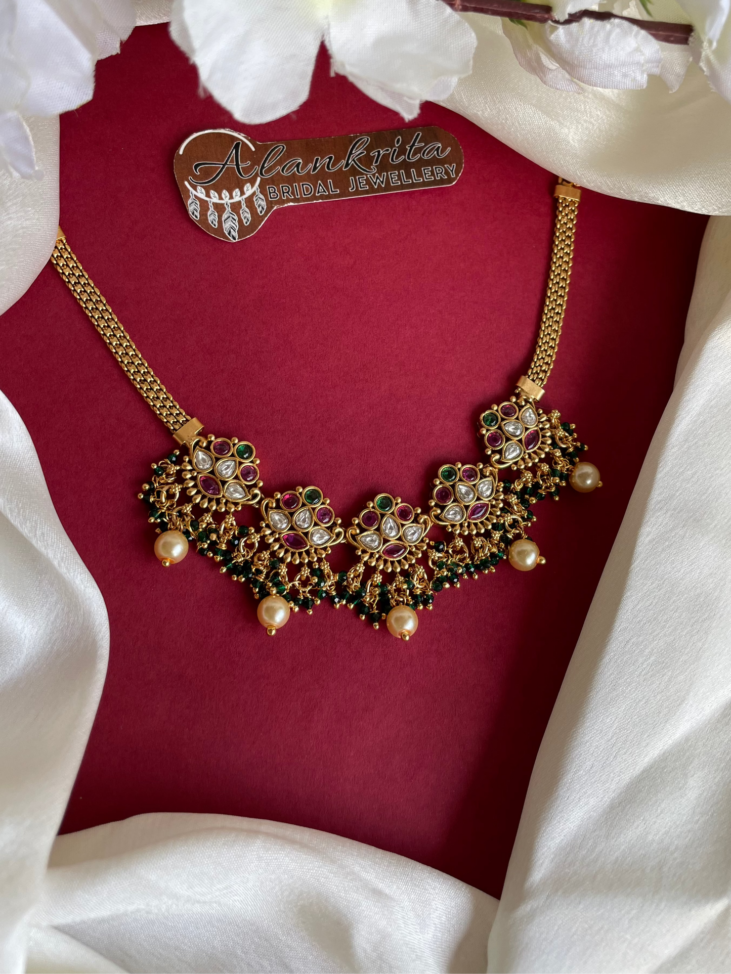 Premium Multi Color Kemp Choker with Pearl & Crystal Beads