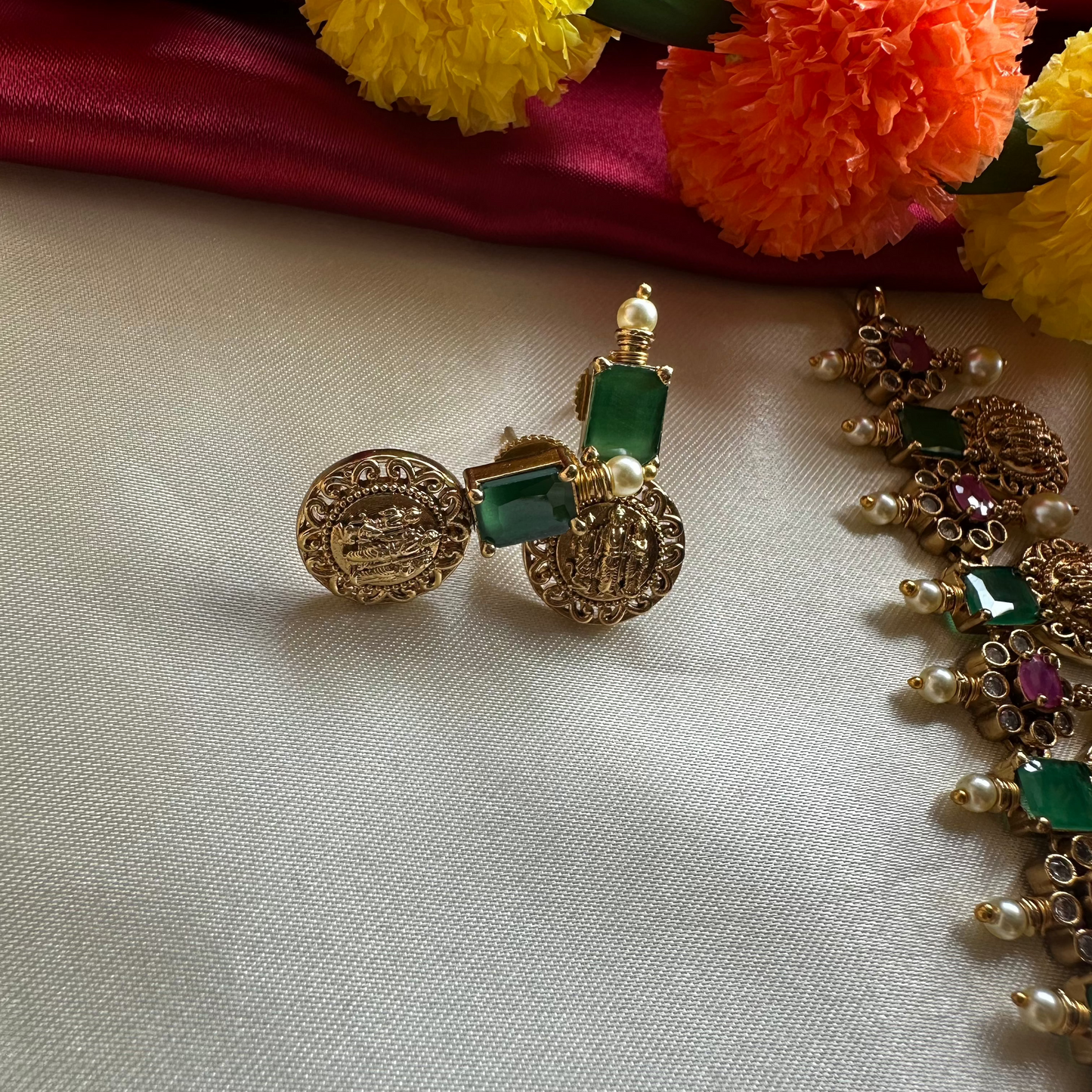 Premium Long Coin haram with Green & Ruby Stones