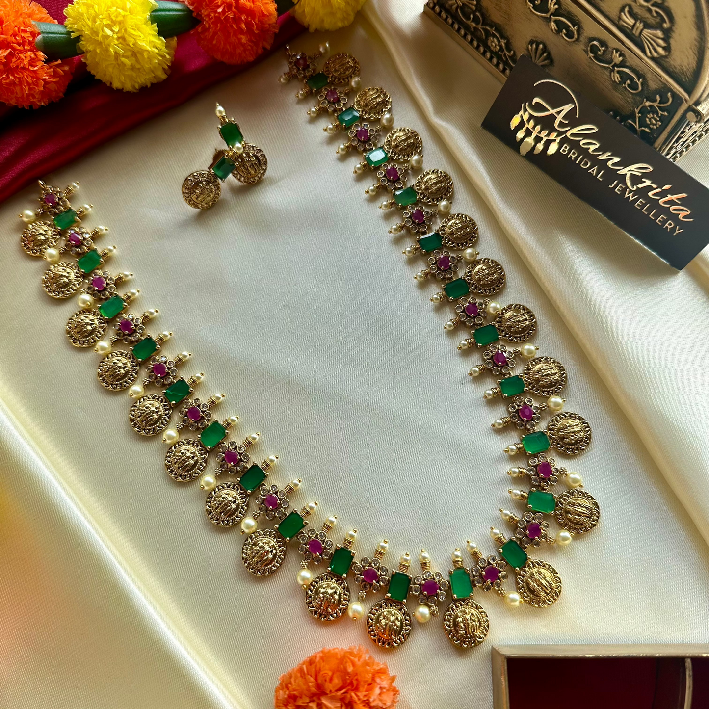 Premium Long Coin haram with Green & Ruby Stones
