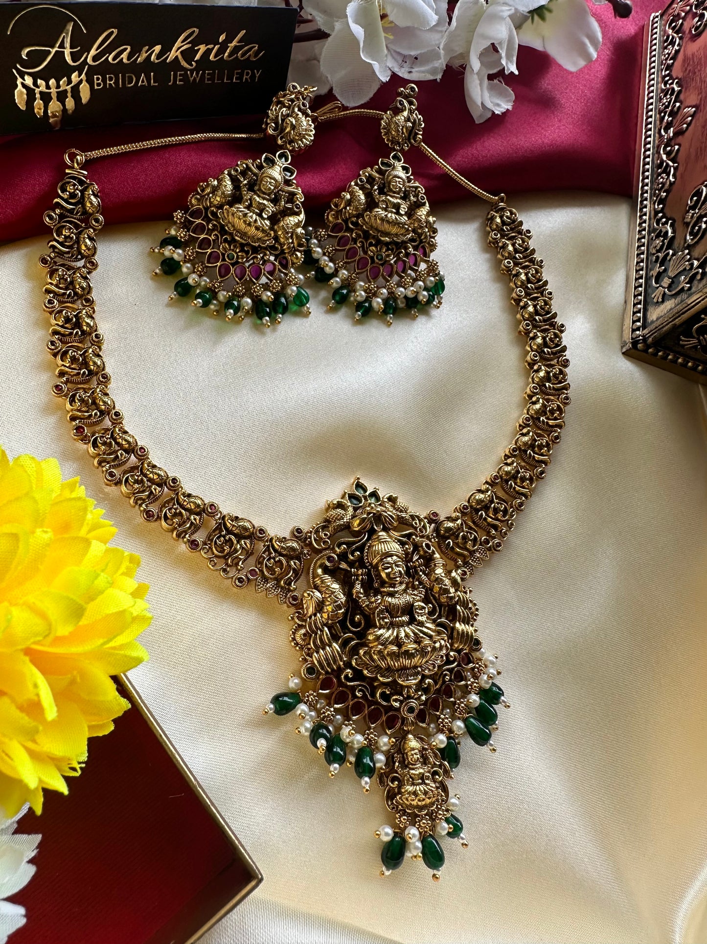 Premium Antique Lakshmi Short necklace with Green Beads