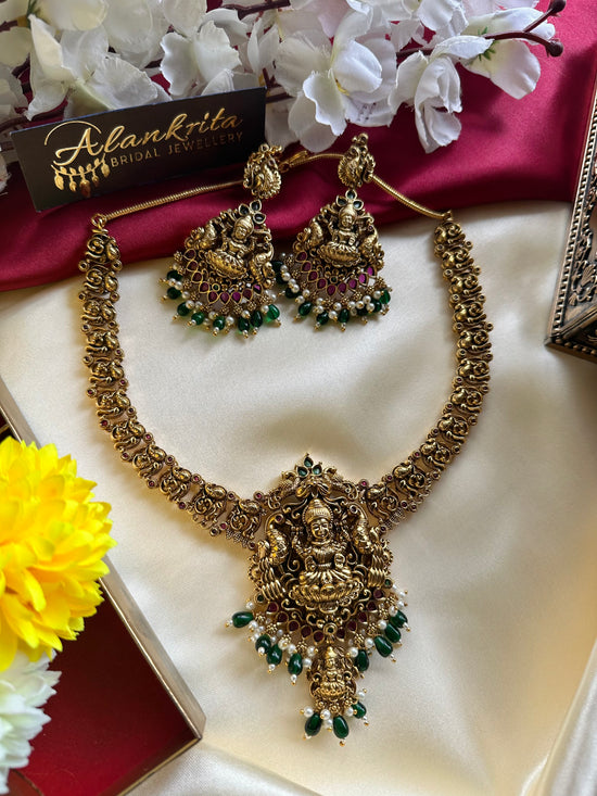 Premium Antique Lakshmi Short necklace with Green Beads
