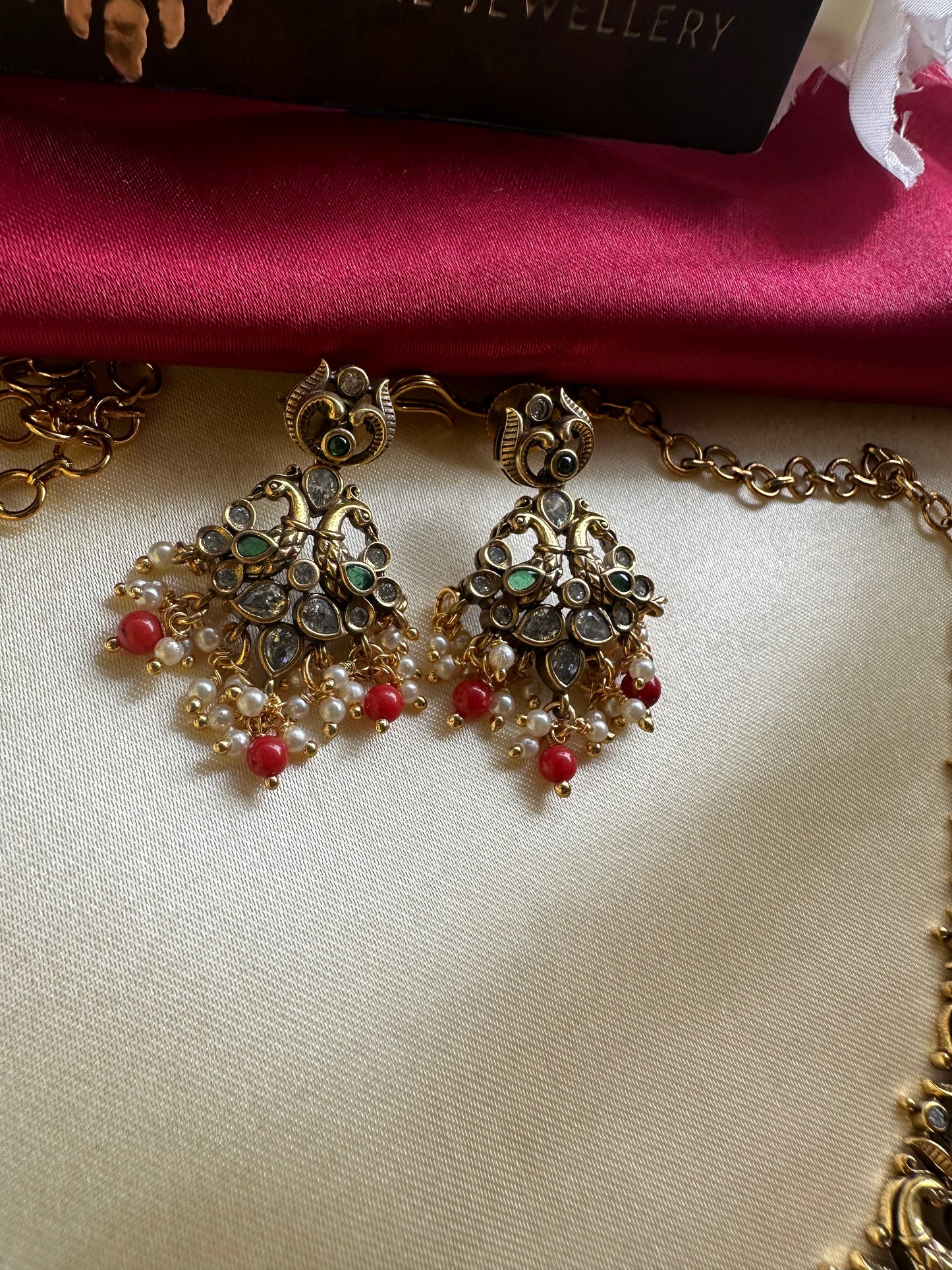 Premium Peacock Short Necklace with Crystal Green Beads