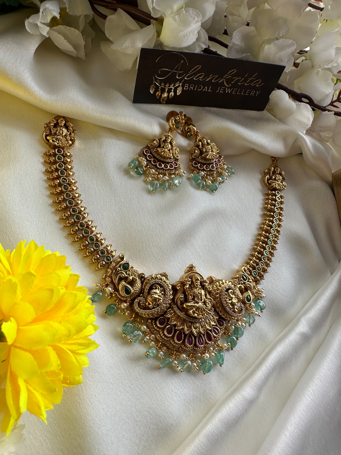 Premium Lakshmi Short necklace with Pastel Green Beads