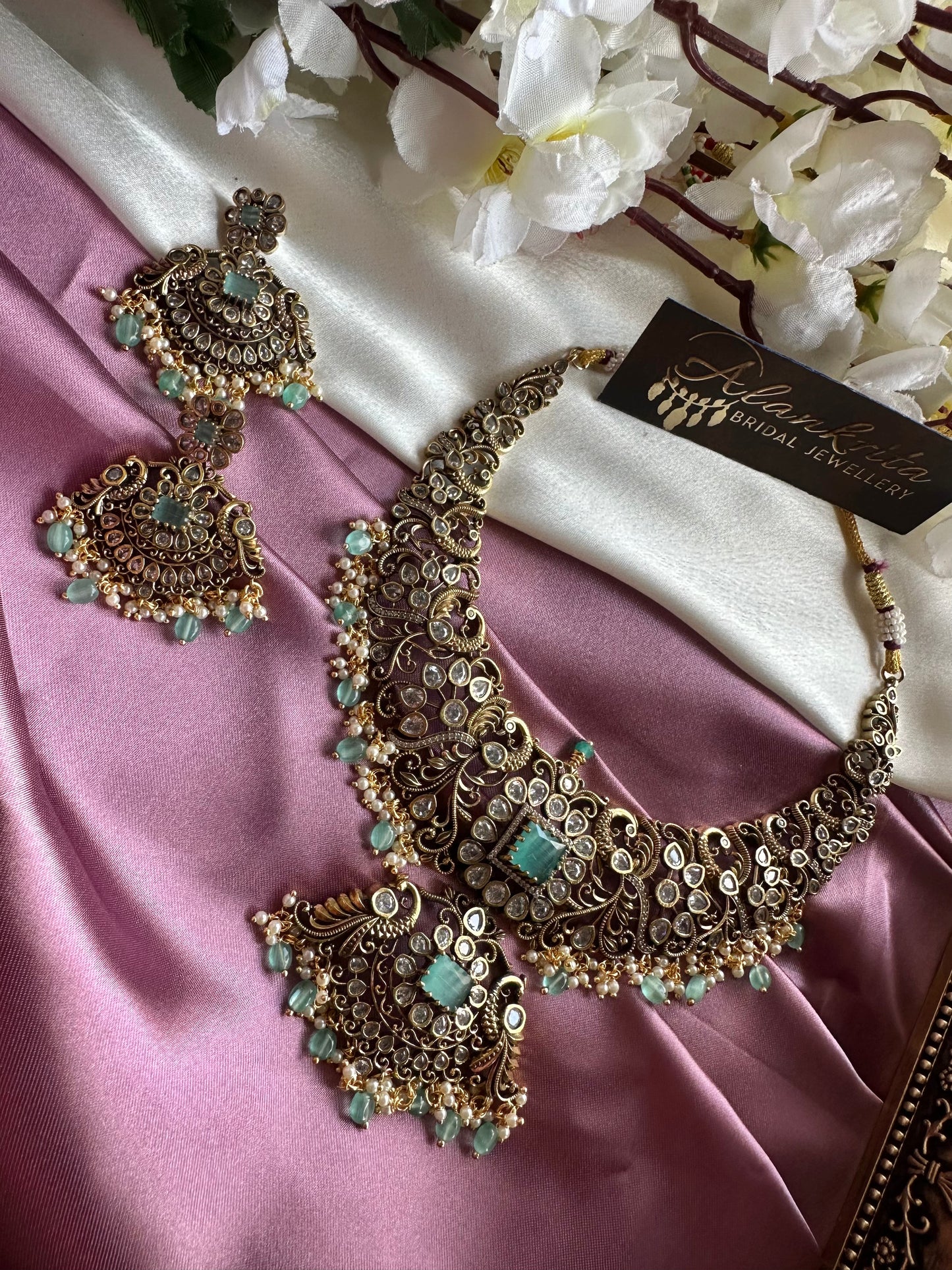 Victorian Peacock Short Necklace with AD Stones