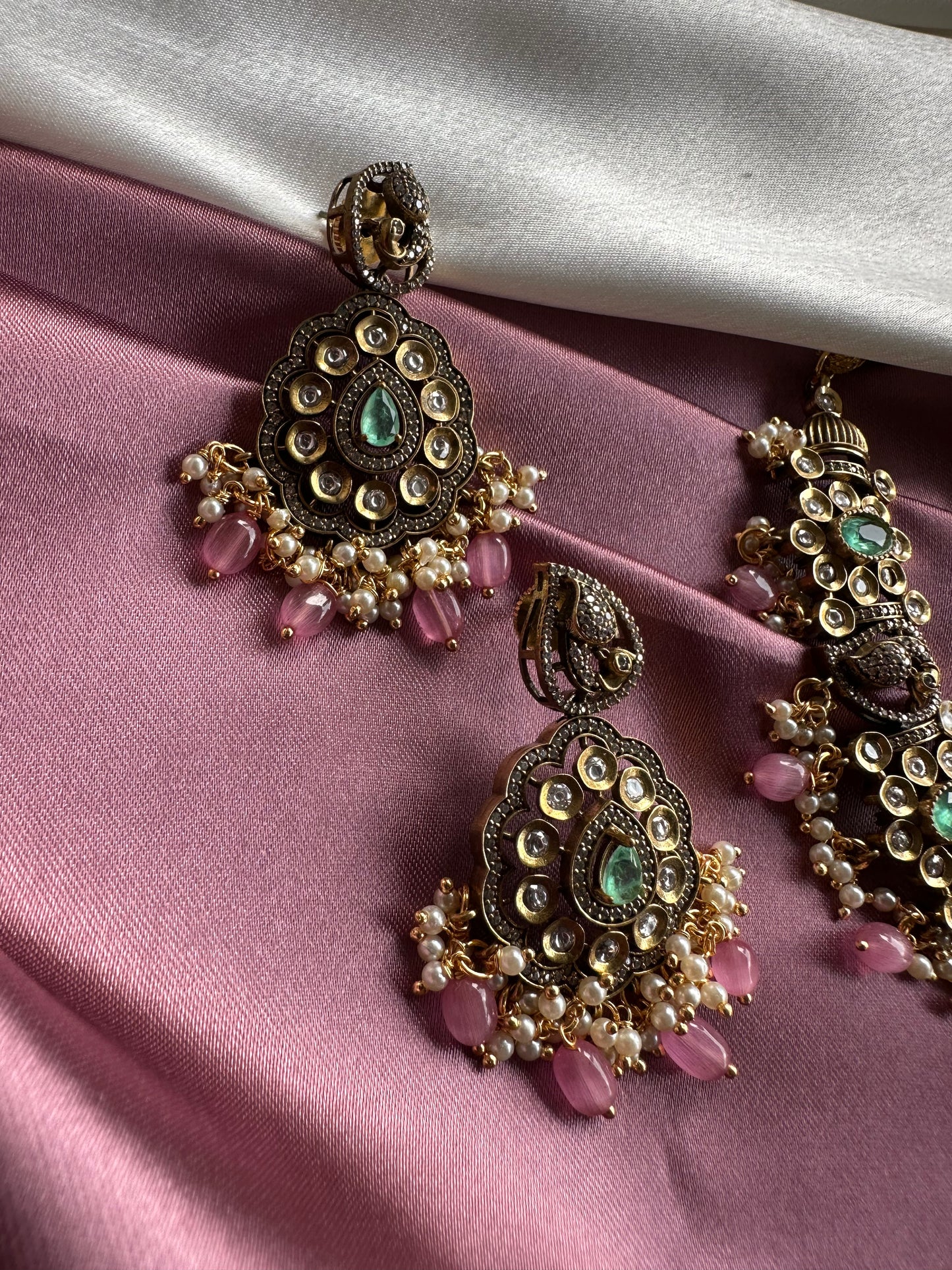 Victorian Peacock Short Necklace with Mint Green Stones & Pink Beads