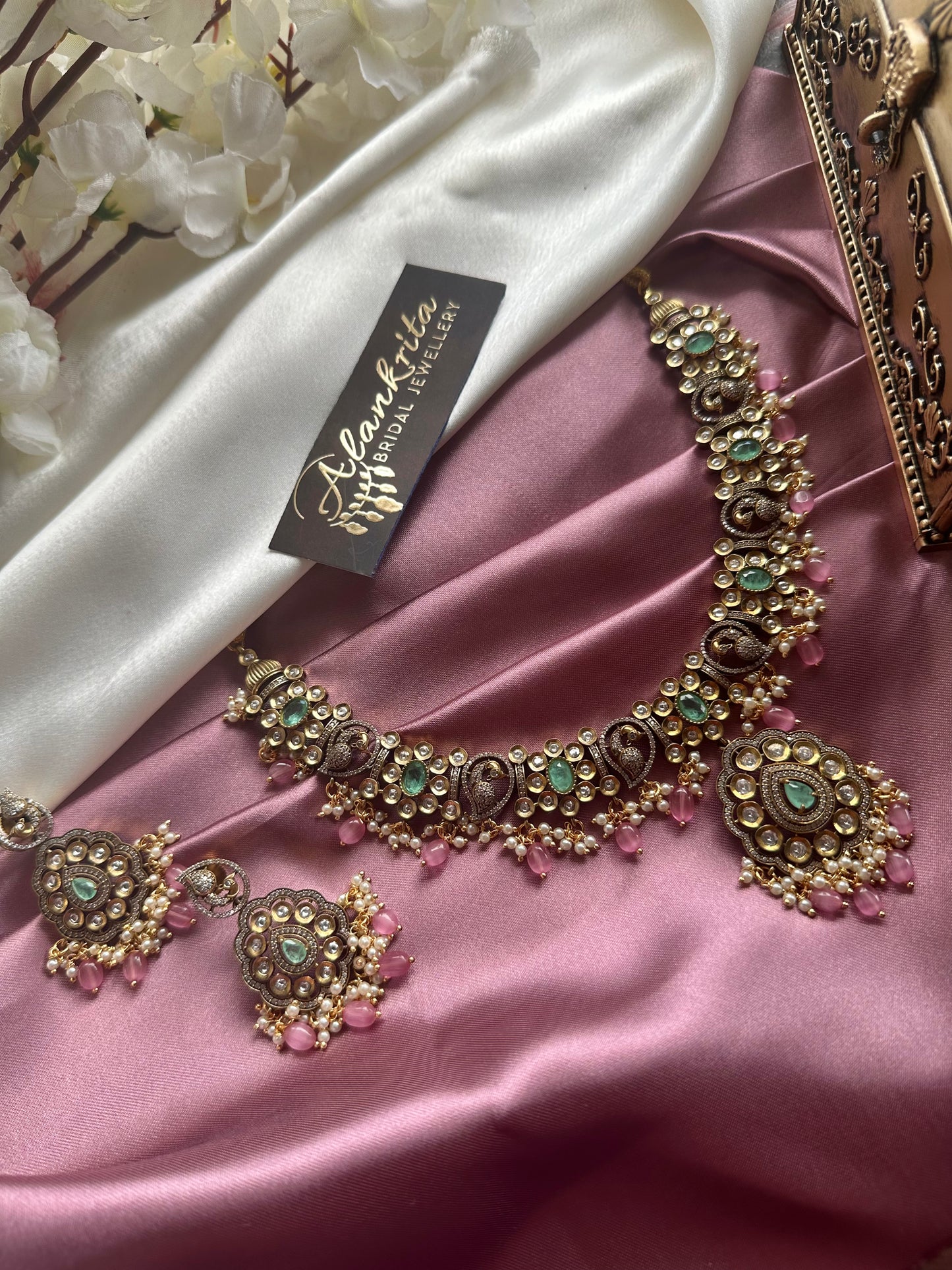 Victorian Peacock Short Necklace with Mint Green Stones & Pink Beads