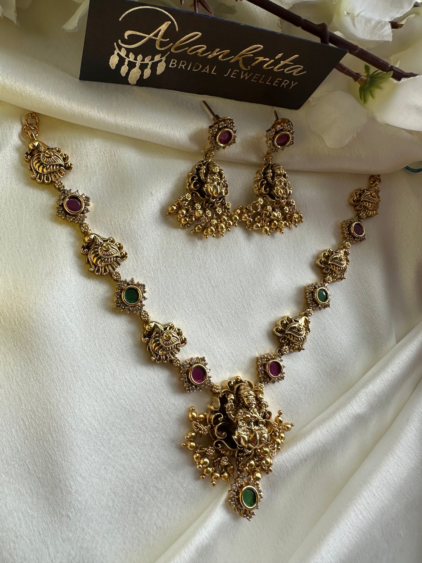 Premium Antique Lakshmi Short necklace with Kemp Stones