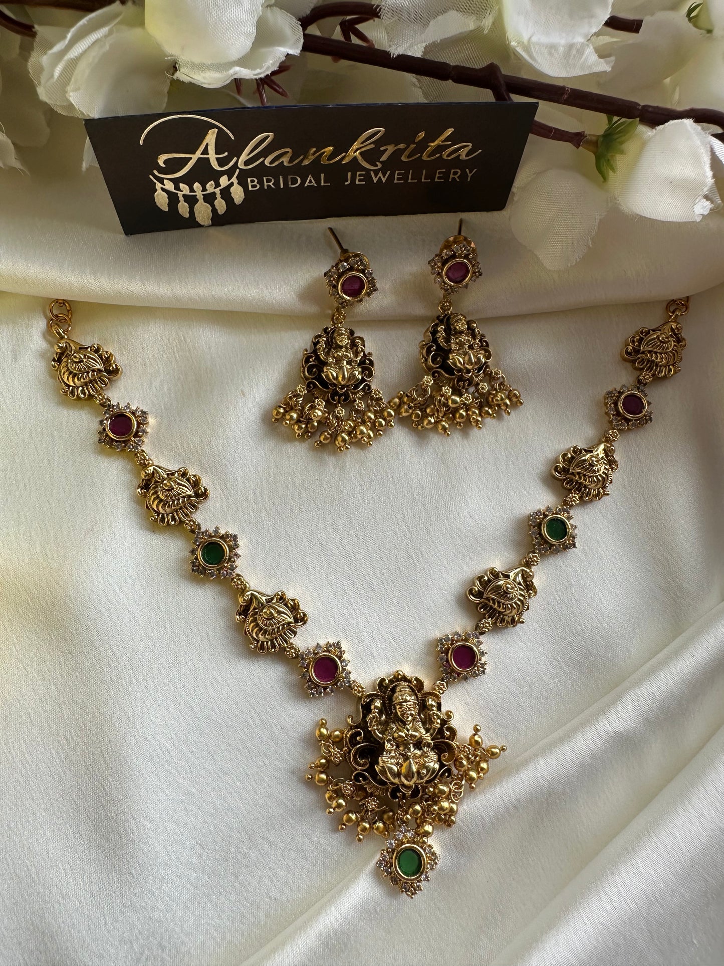Premium Antique Lakshmi Short necklace with Kemp Stones