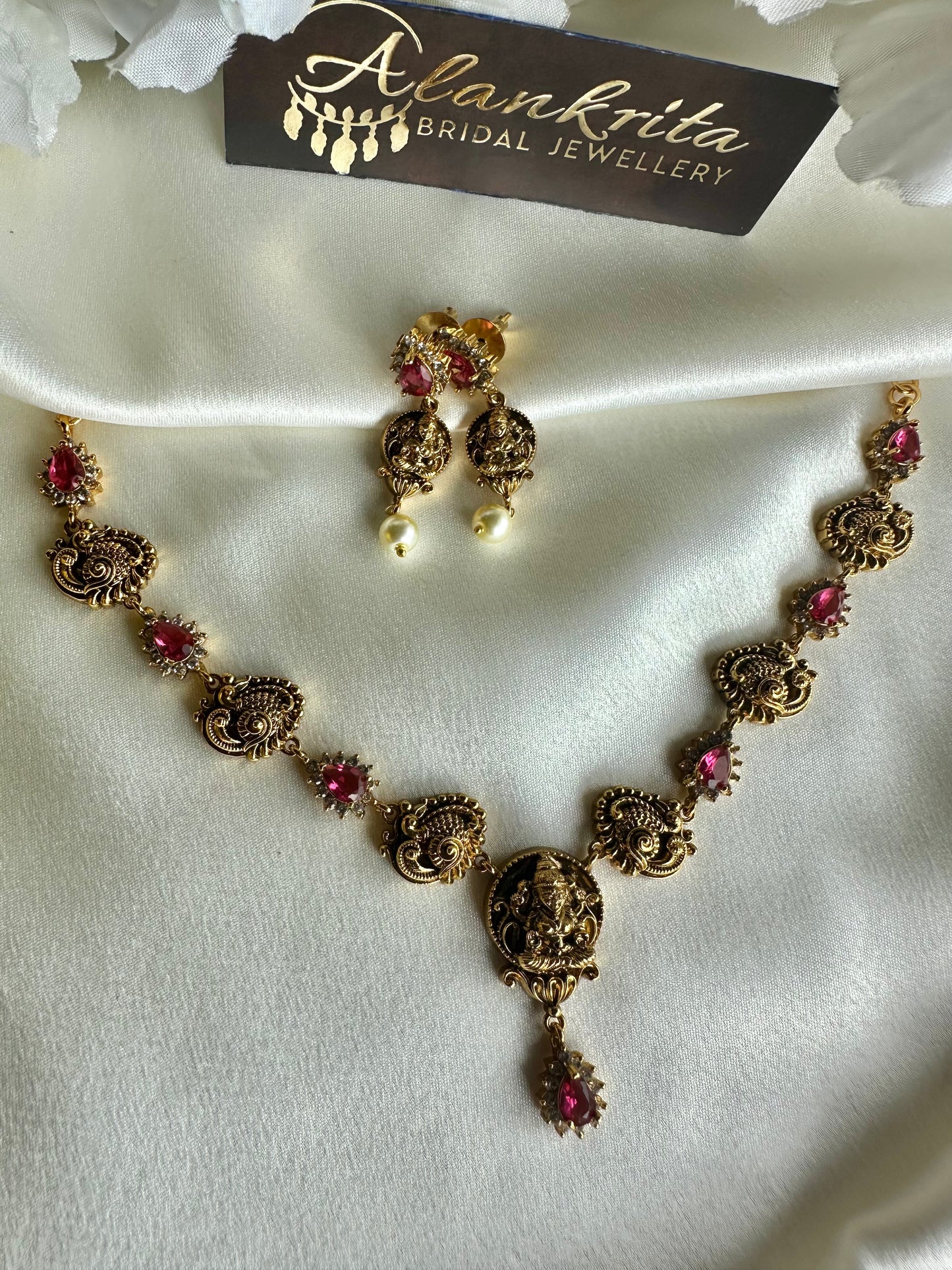 Premium Antique Lakshmi Short necklace with Ruby stones