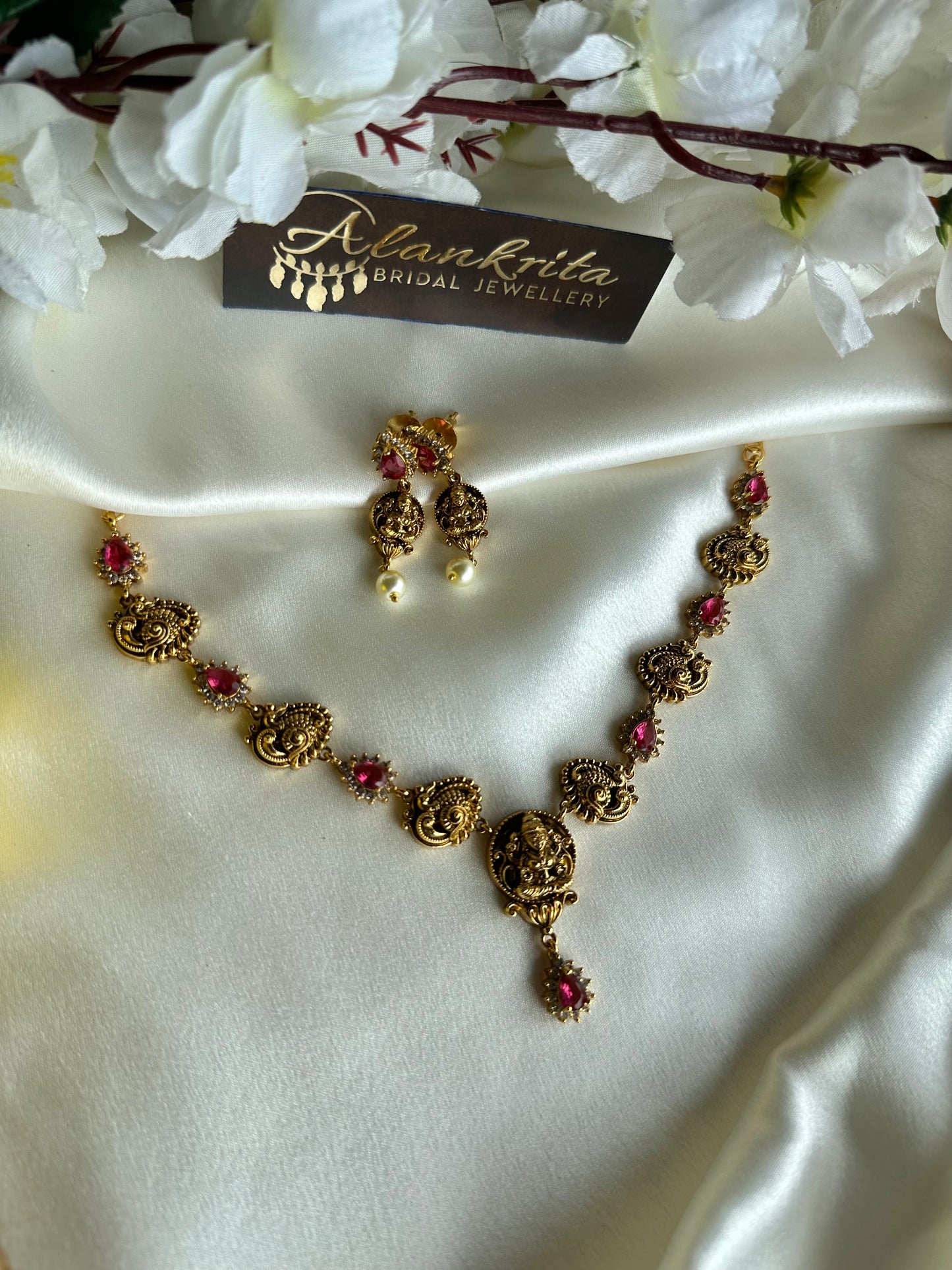 Premium Antique Lakshmi Short necklace with Ruby stones