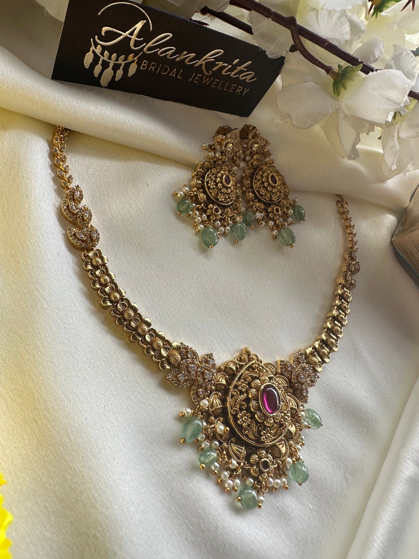 Premium Floral Short Necklace with Pastel Green Beads