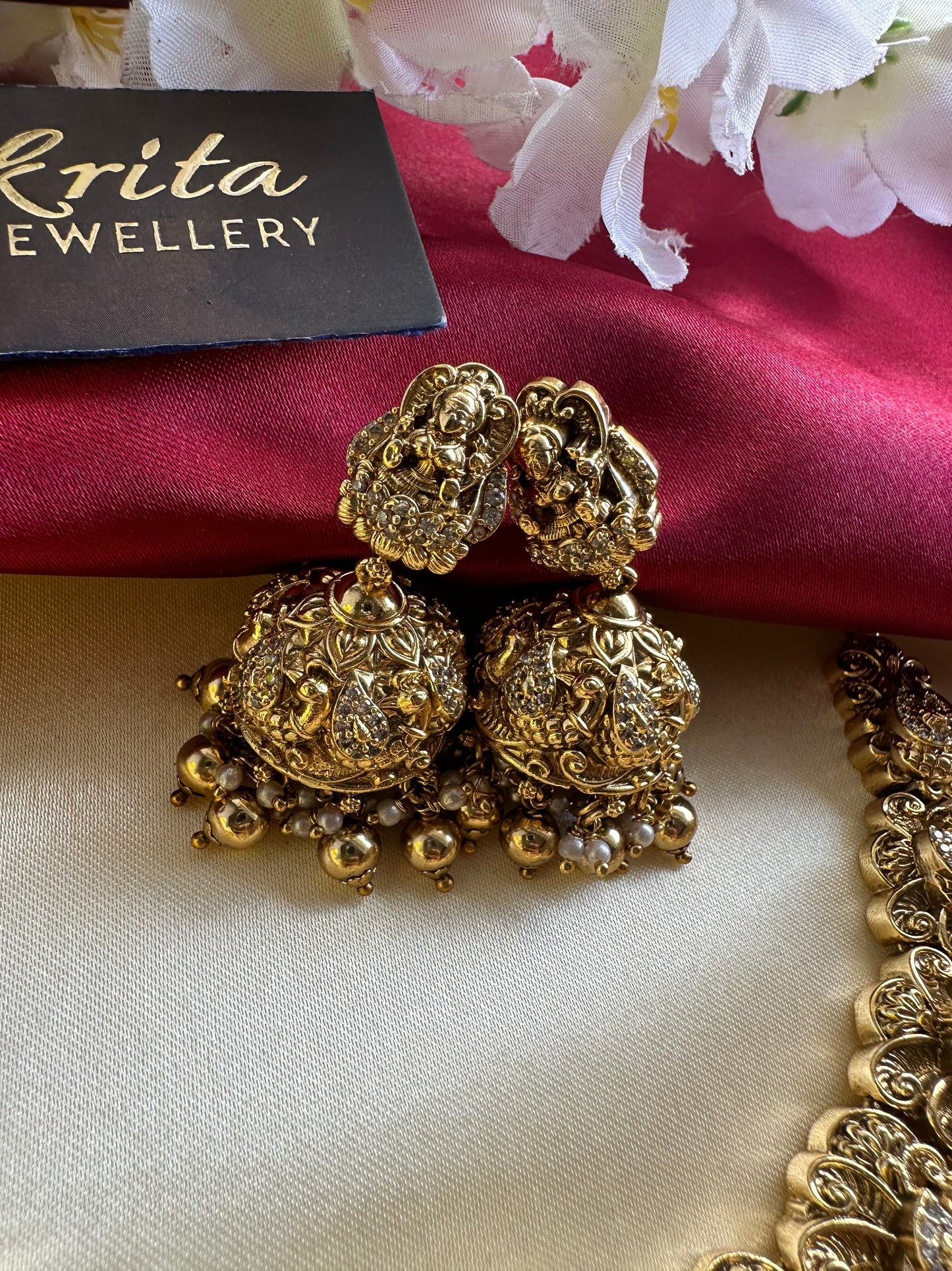 Premium Antique Lakshmi Short necklace with AD stones & Golden Beads