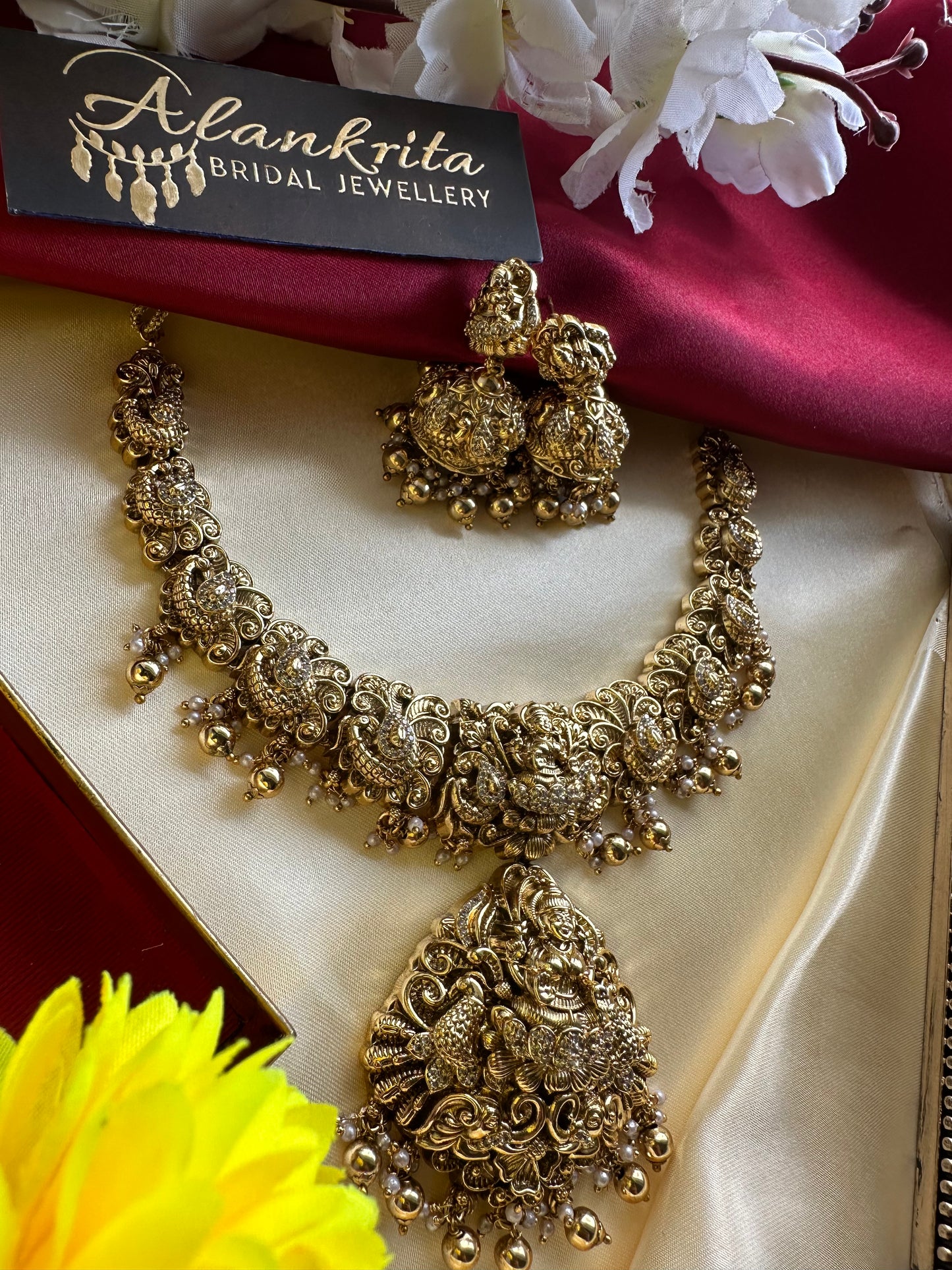 Premium Antique Lakshmi Short necklace with AD stones & Golden Beads