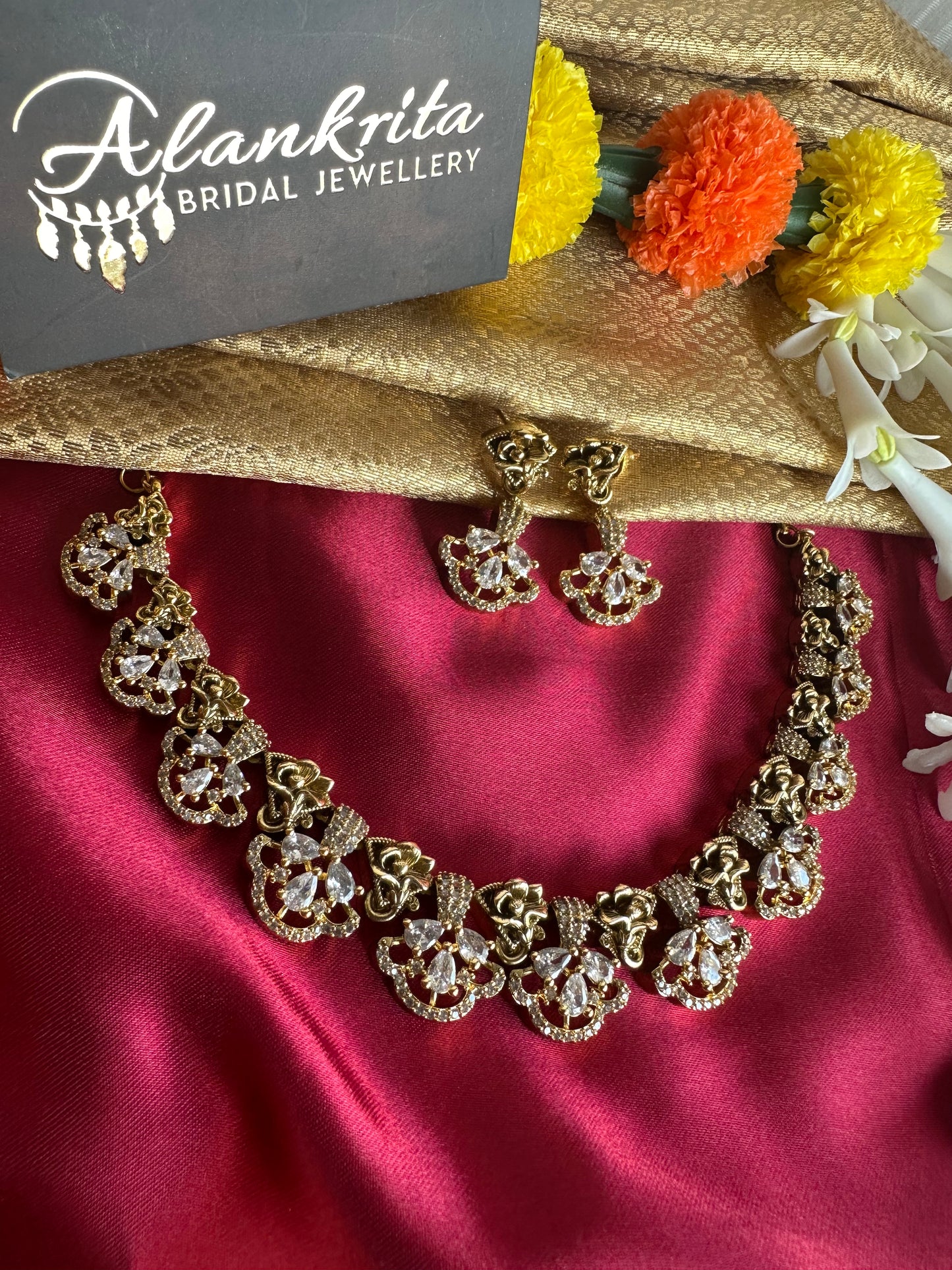 Premium Antique Short necklace with White AD Stones