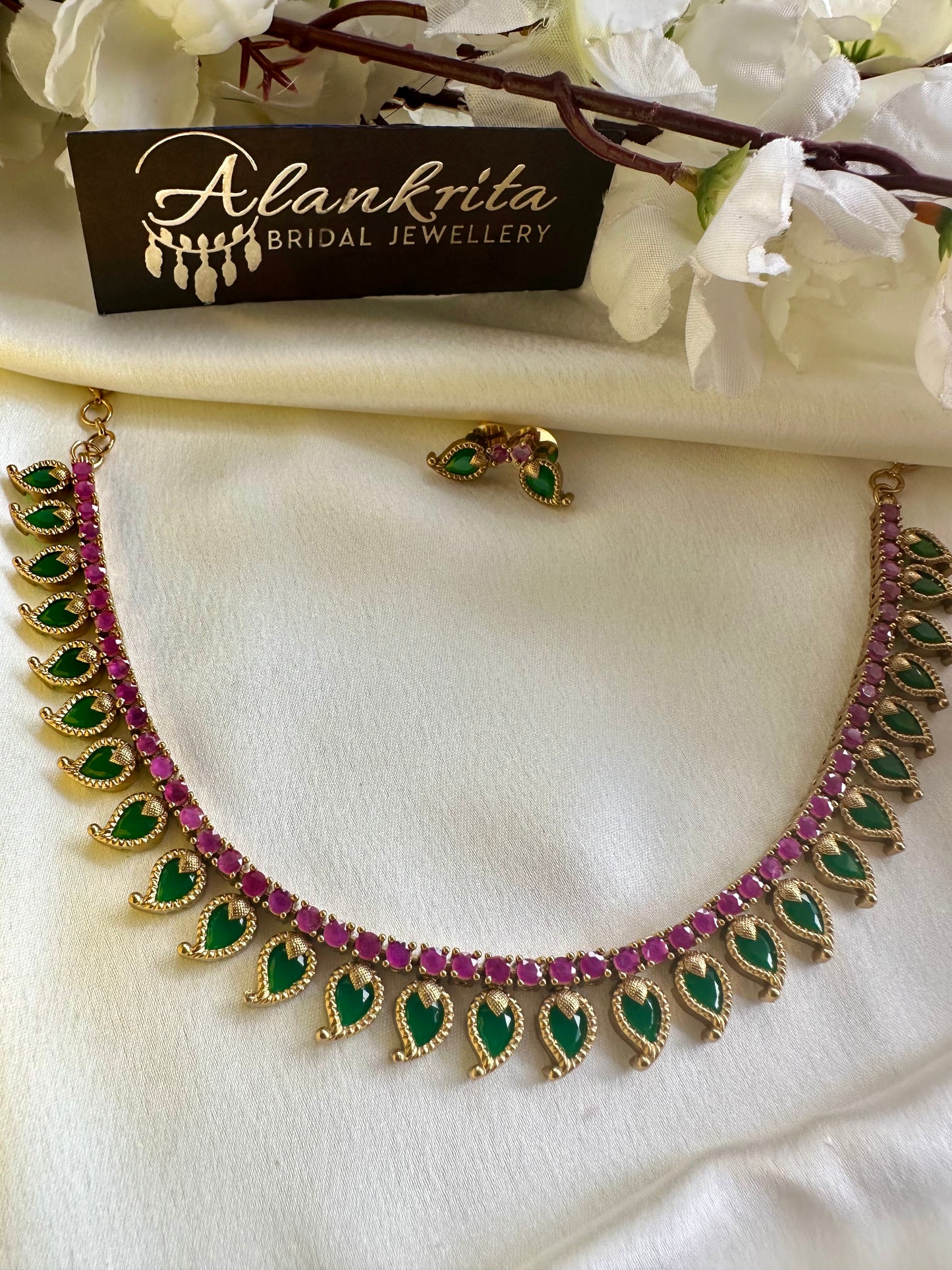 Palakka Short Necklace with ruby & Green Stones