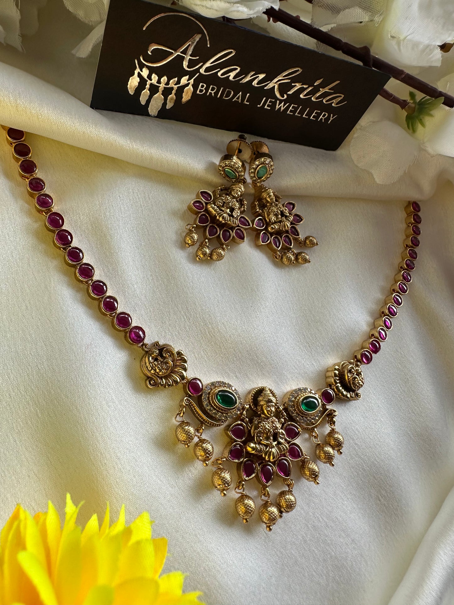 Premium Lakshmi Short Necklace with kemp Stones