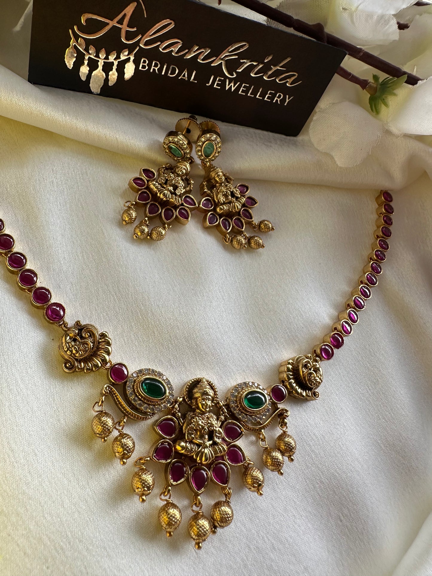 Premium Lakshmi Short Necklace with kemp Stones
