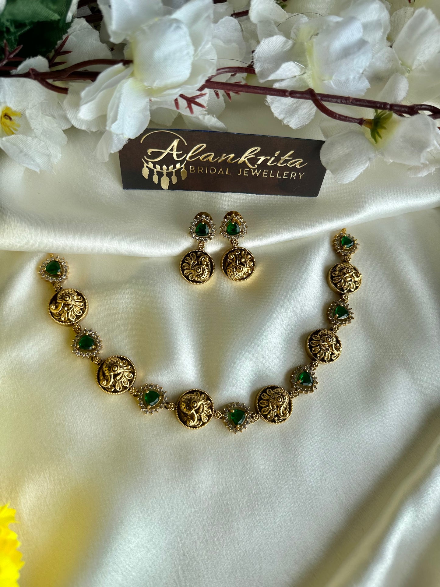 Premium Antique Peacock Short Necklace with Green Stones