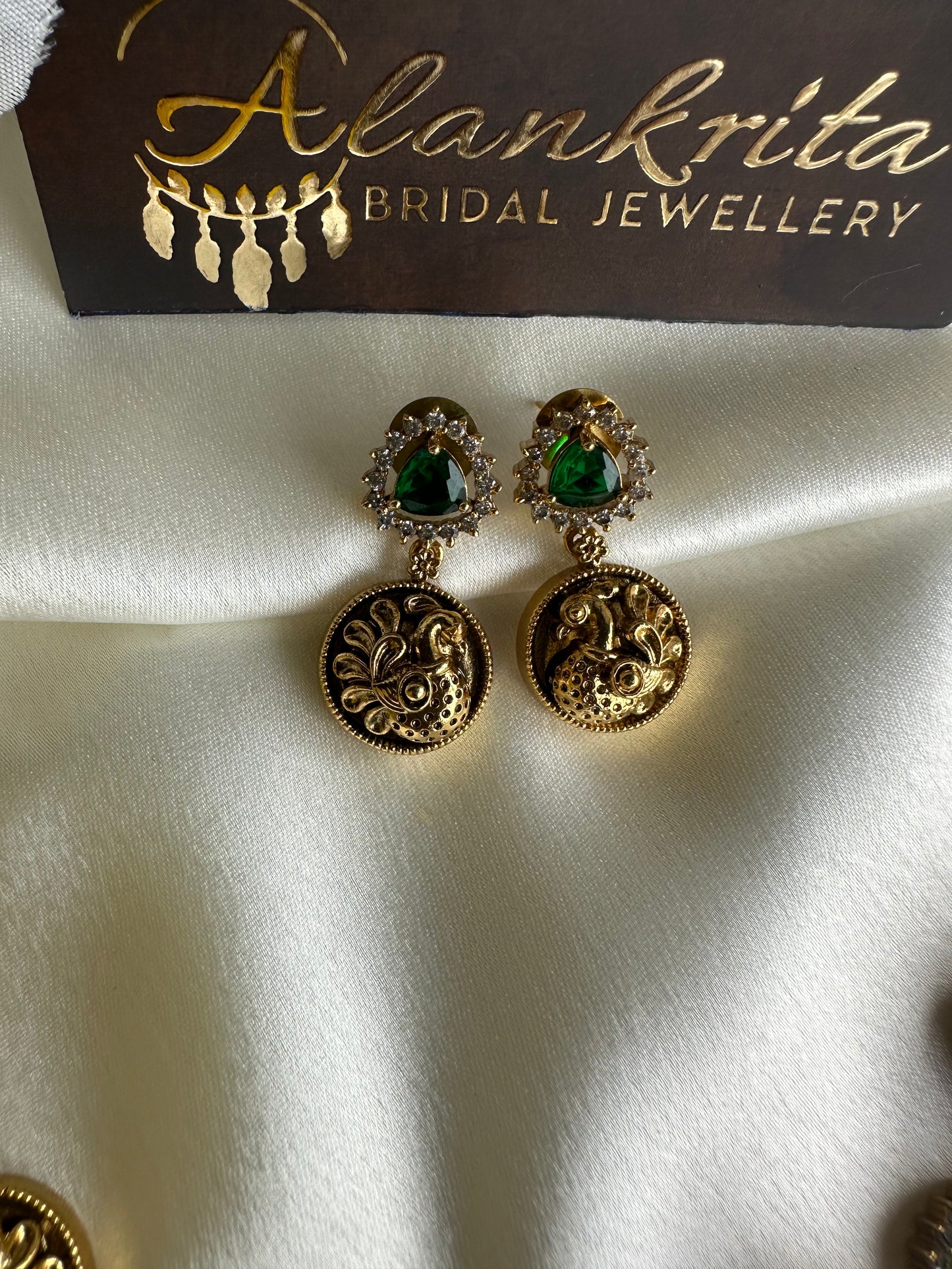 Premium Antique Peacock Short Necklace with Green Stones