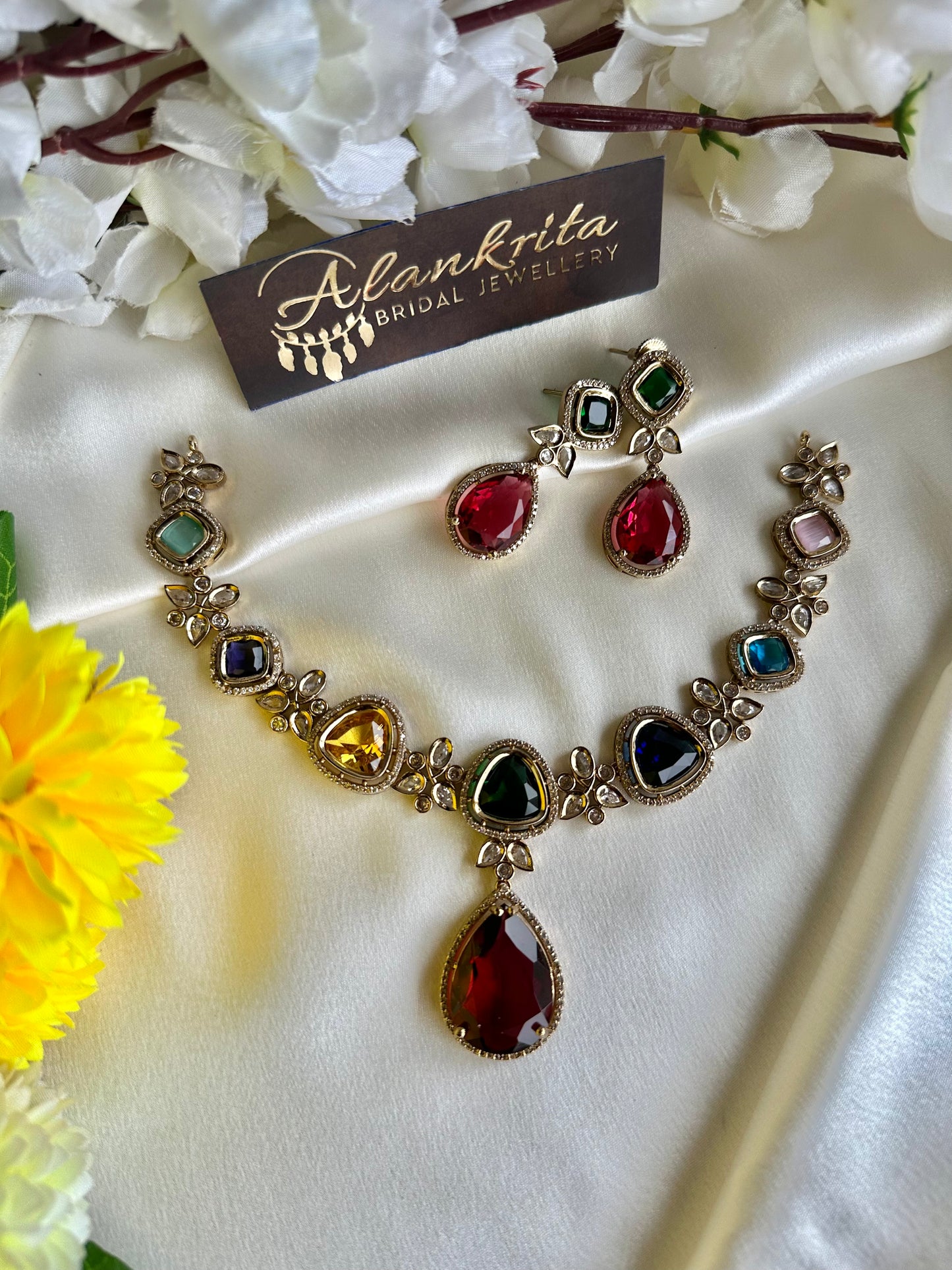 Premium Victorian Short Necklace with Multi Colour AD Stones