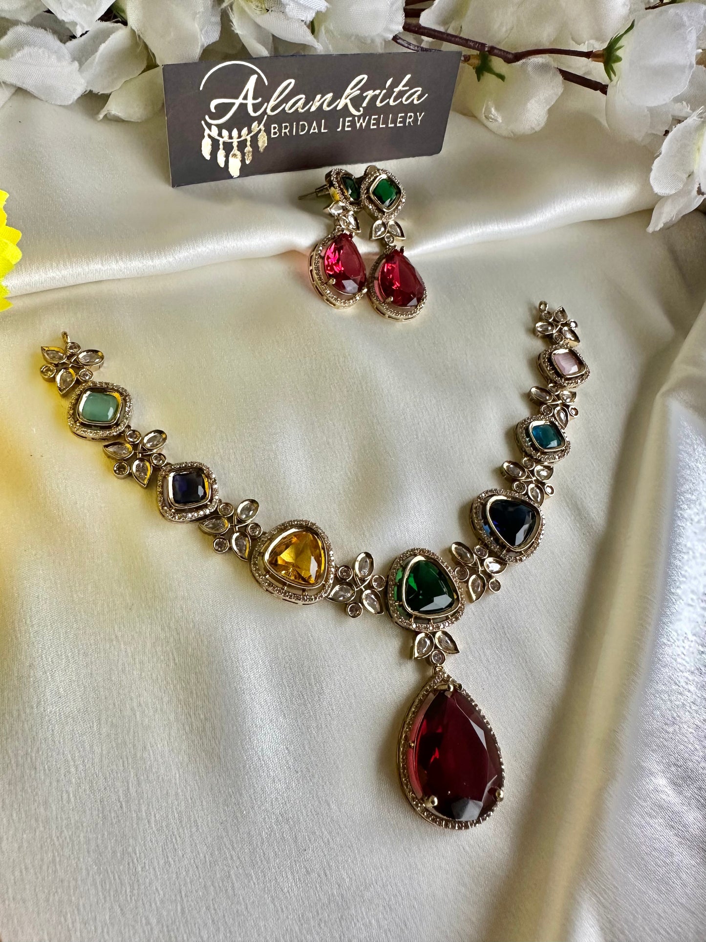 Premium Victorian Short Necklace with Multi Colour AD Stones
