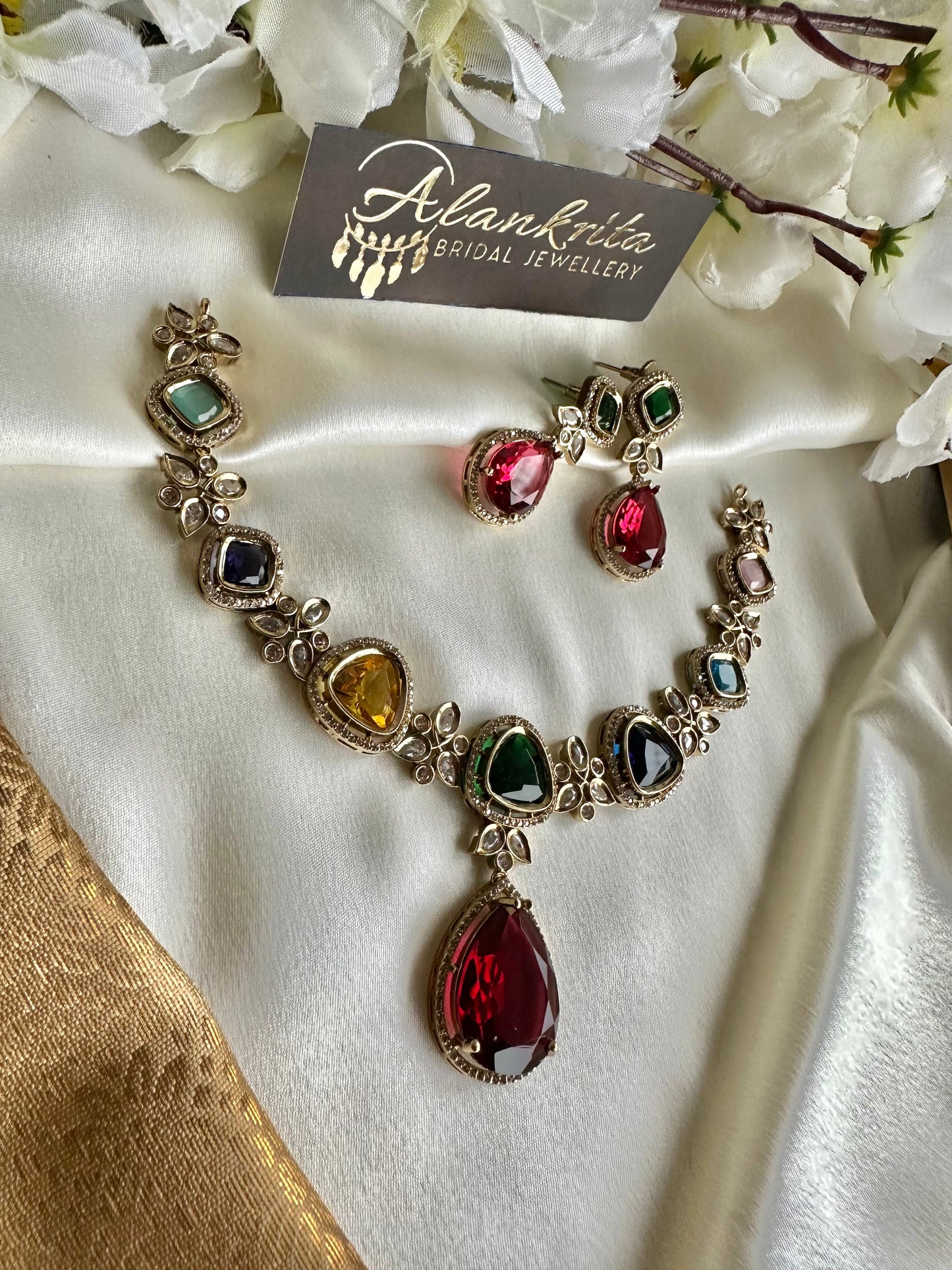 Premium Victorian Short Necklace with Multi Colour AD Stones