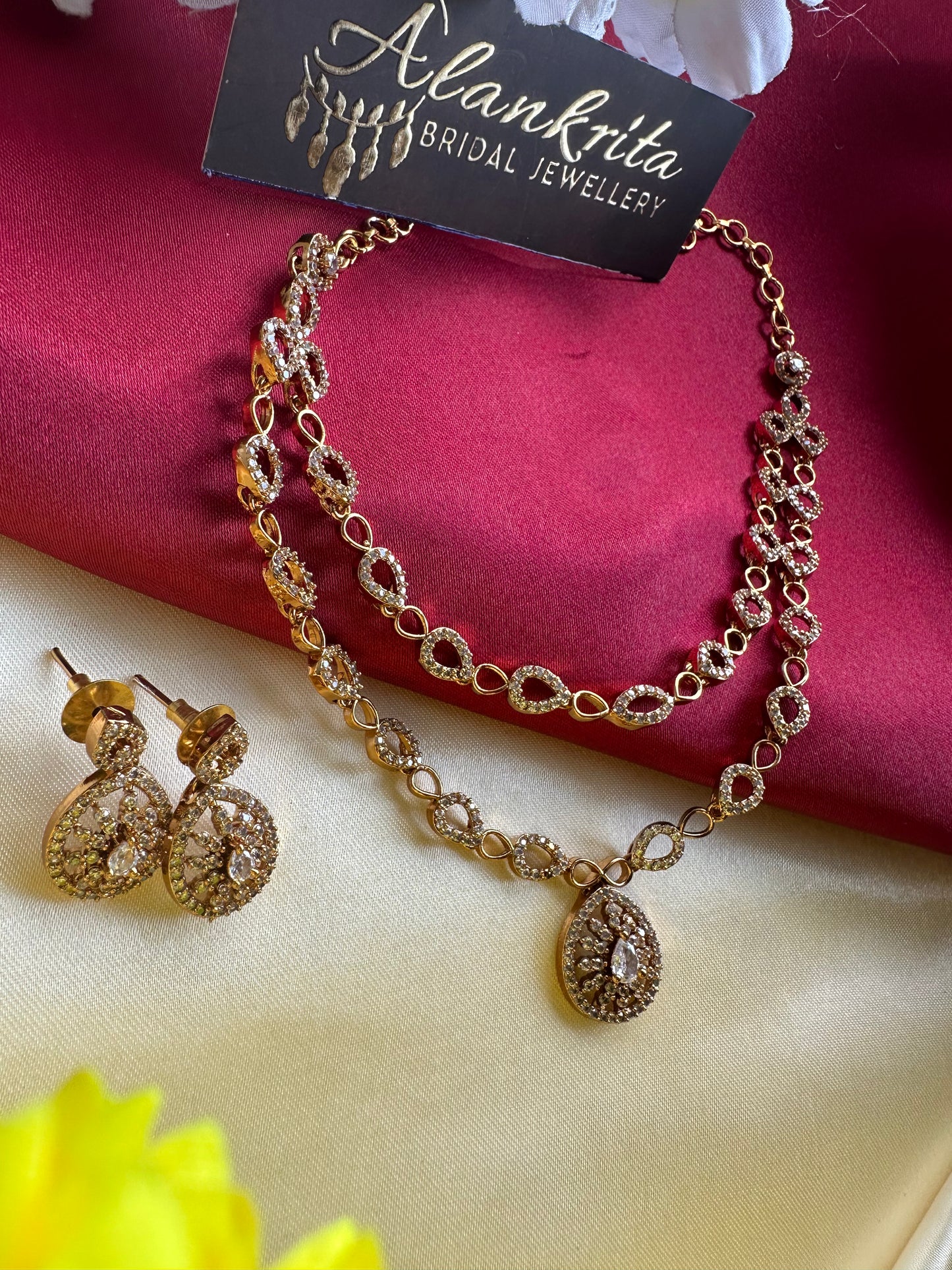 Premium Two Layered Short Necklace with White Stones