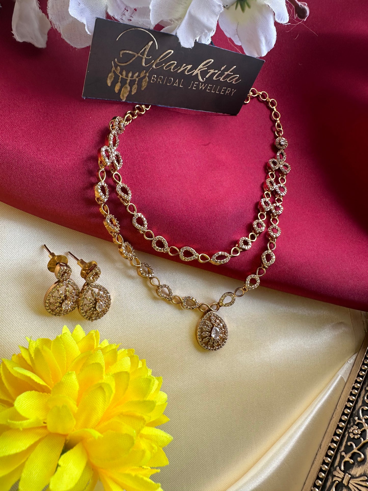 Premium Two Layered Short Necklace with White Stones