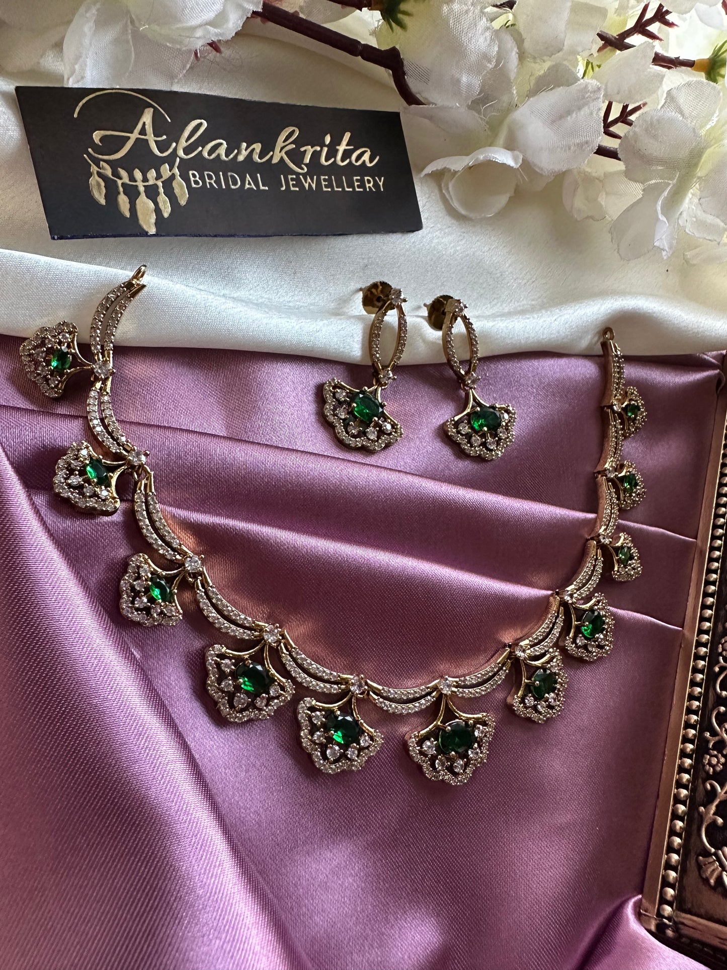 AD Floral Short Necklace with Green Stones