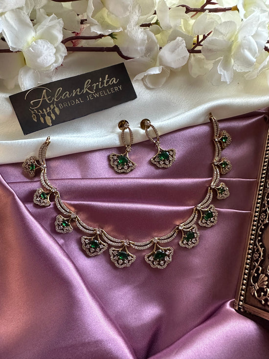 AD Floral Short Necklace with Green Stones