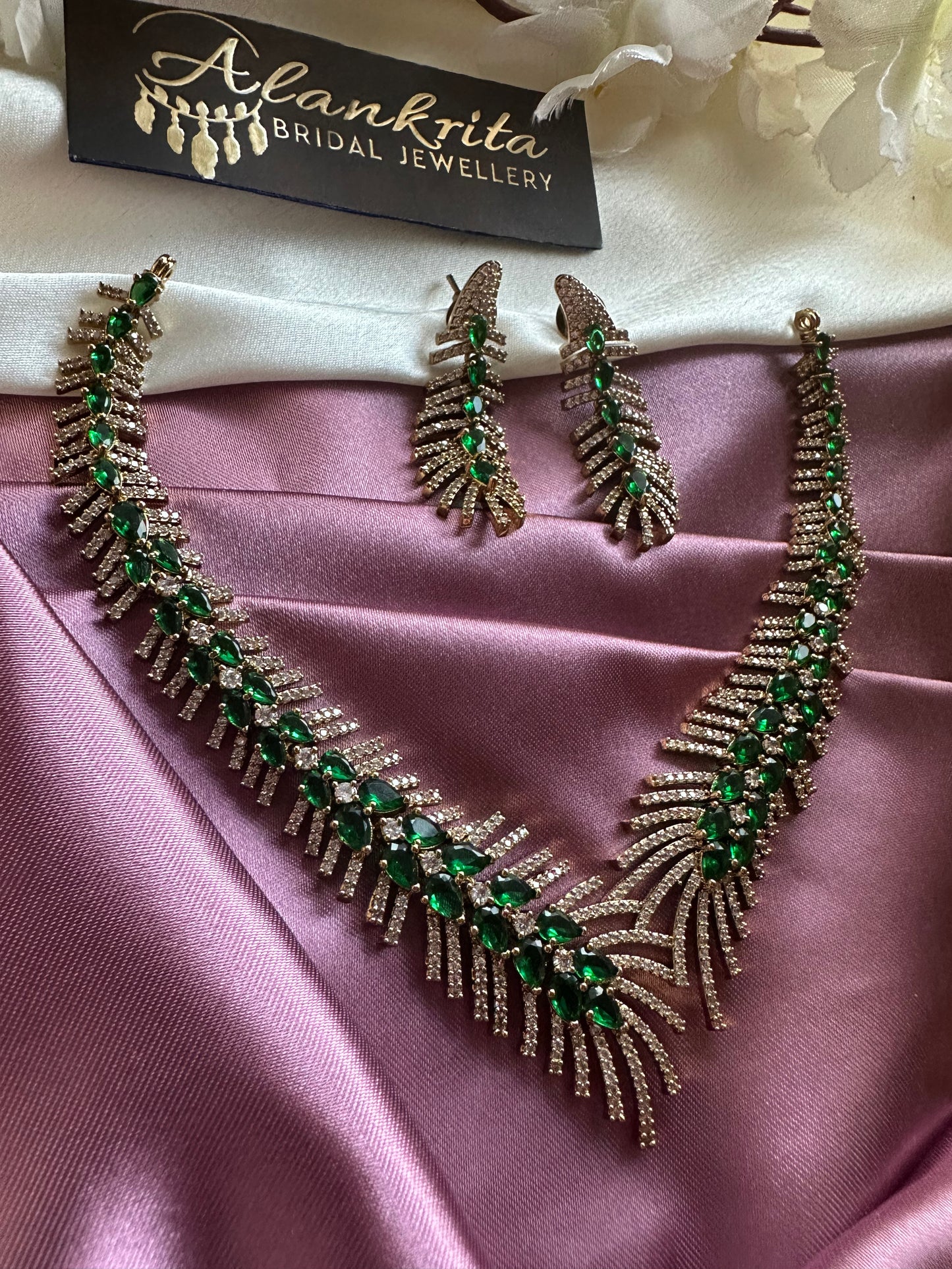 Victorian Green Short Necklace with AD Stones
