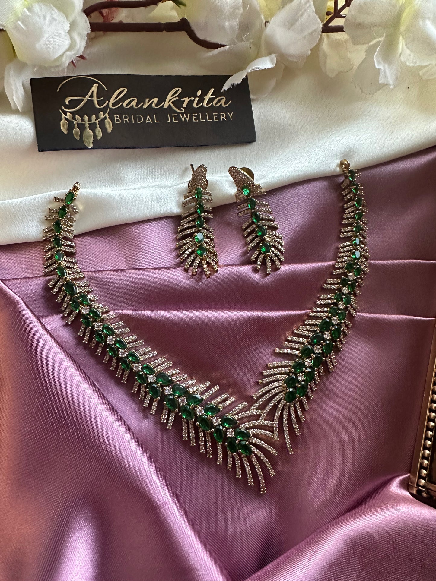 Victorian Green Short Necklace with AD Stones