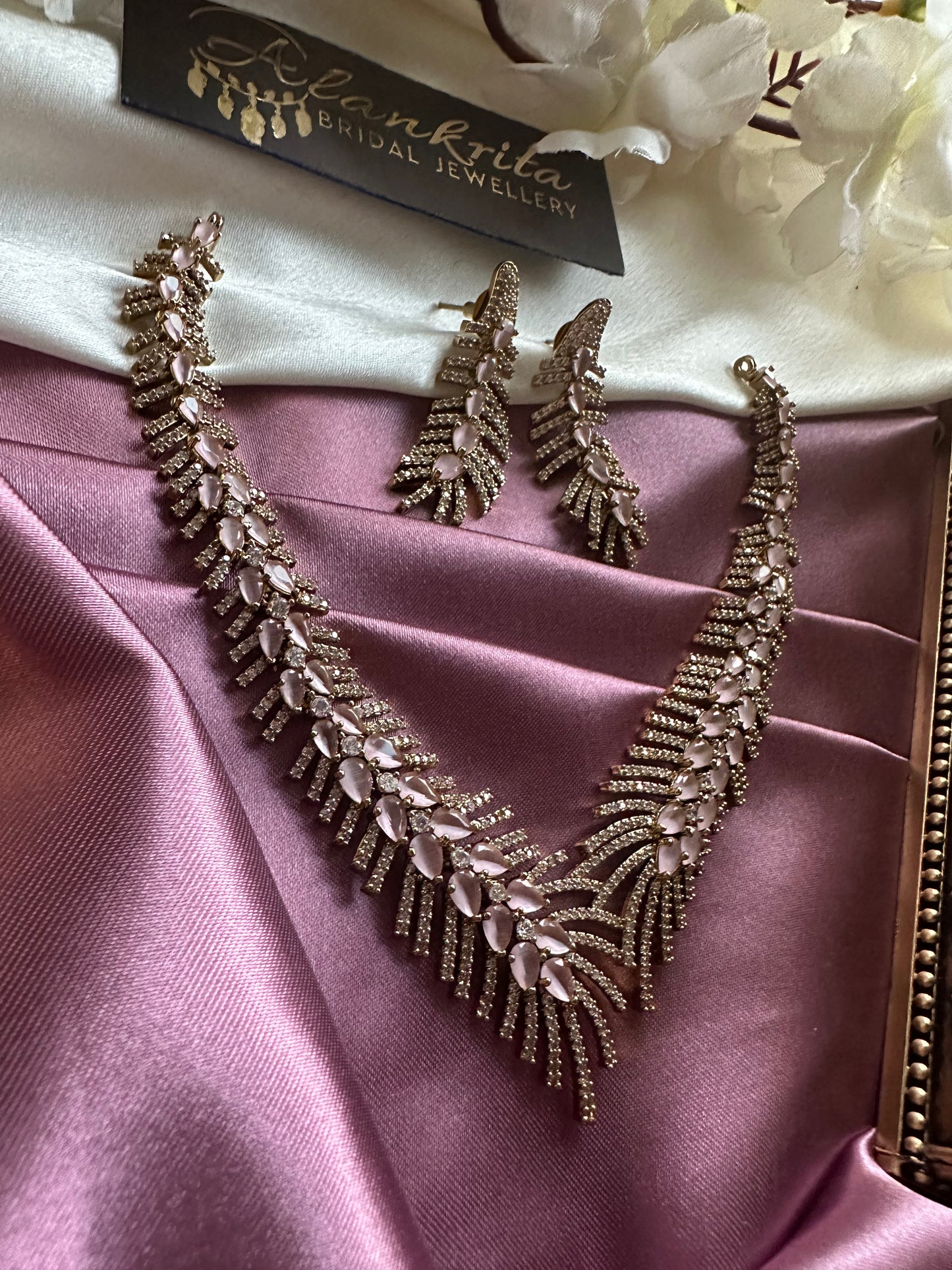 Victorian Pink Short Necklace with AD Stones