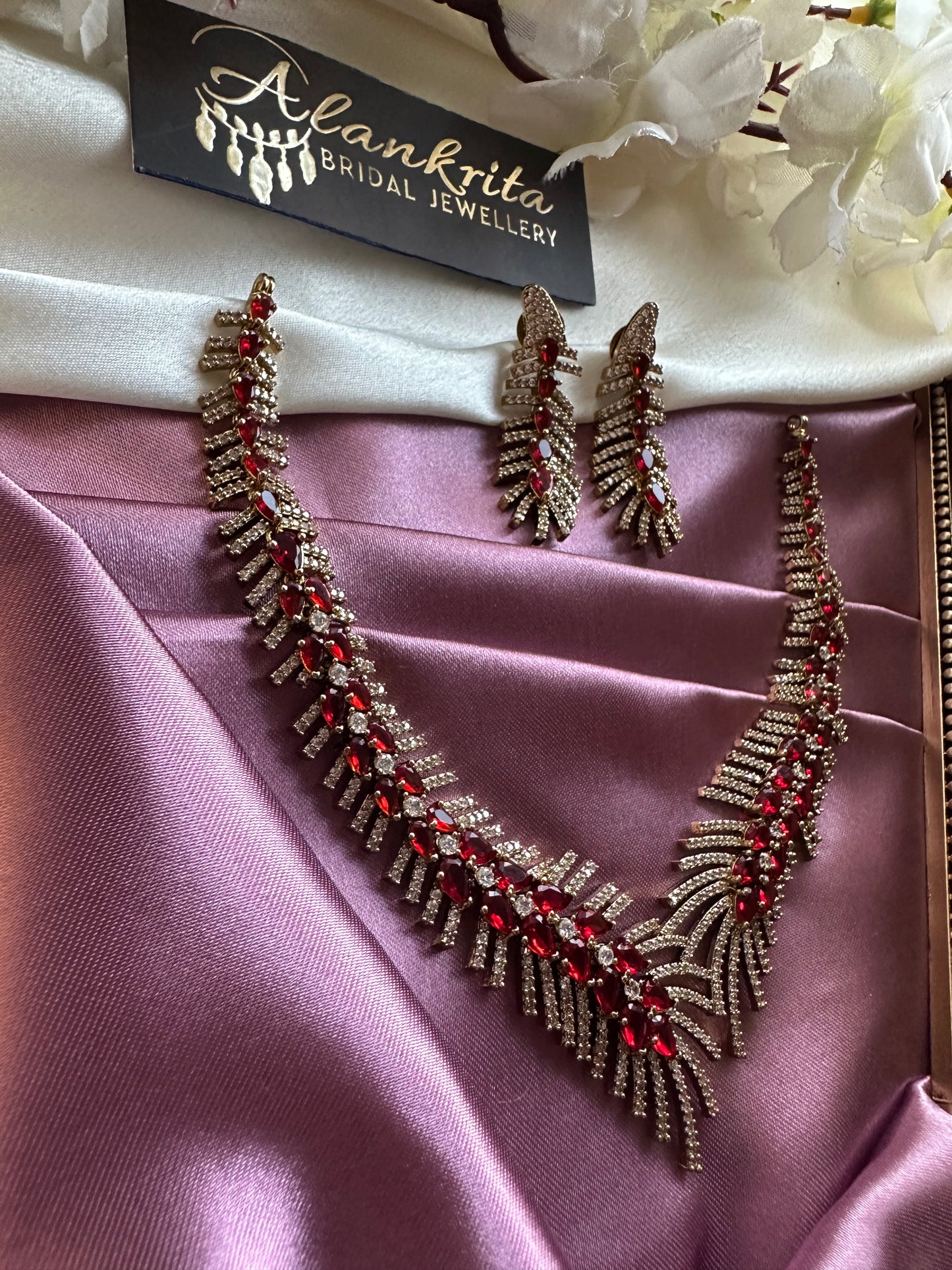 Victorian Red Short Necklace with AD Stones