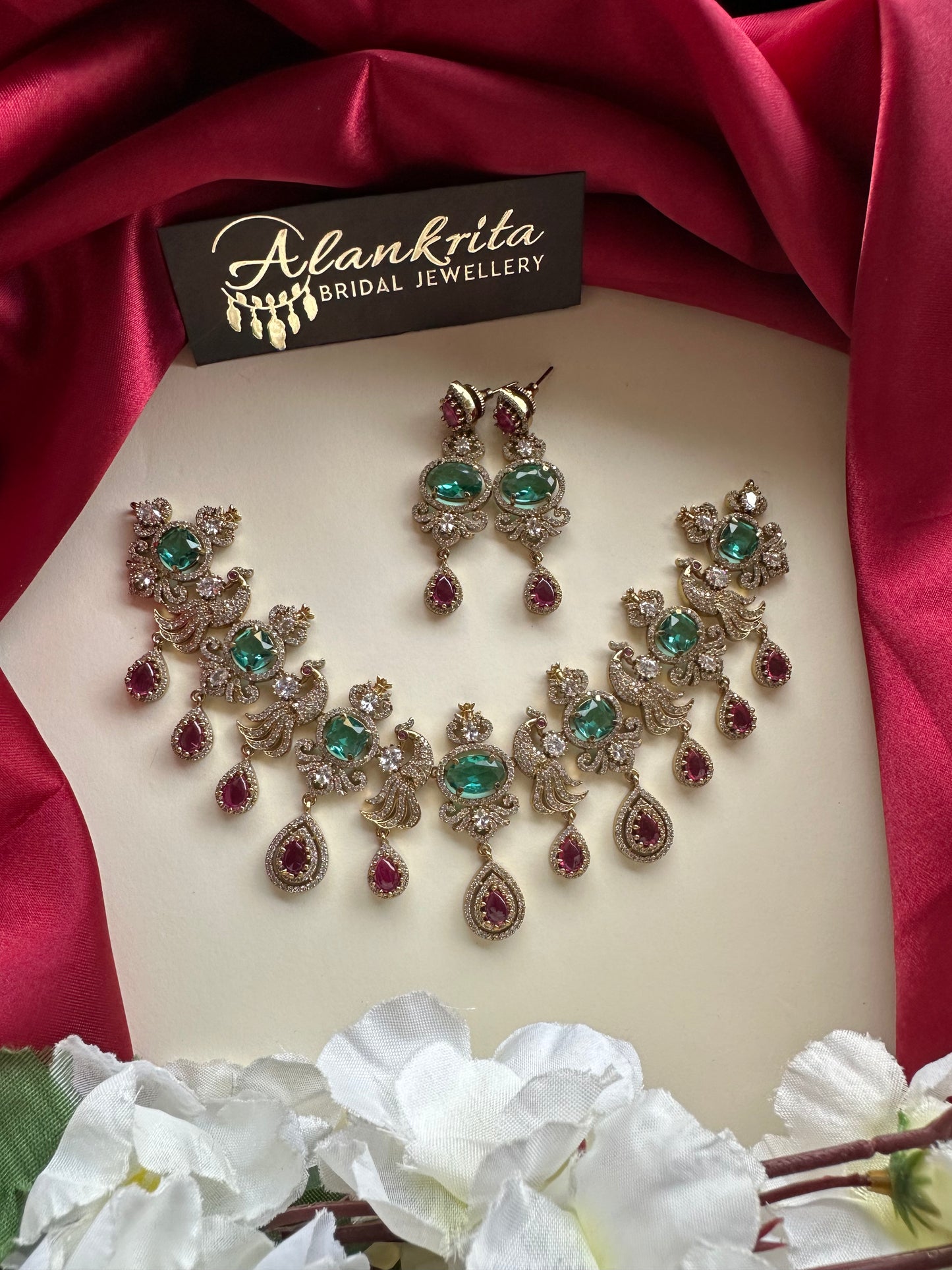 Premium Victorian Sea Green with Ruby Short Necklace with AD Stones
