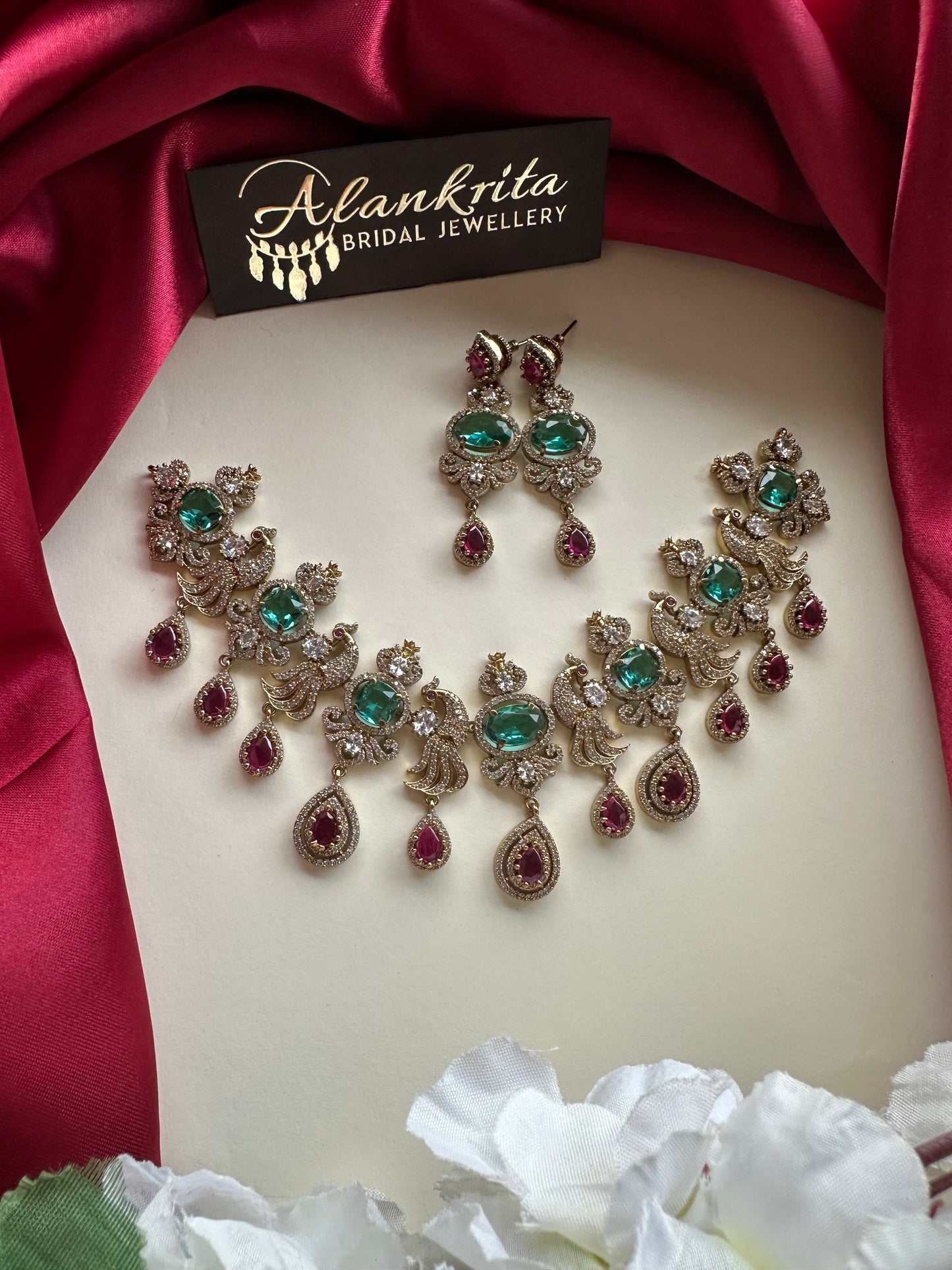 Premium Victorian Sea Green with Ruby Short Necklace with AD Stones