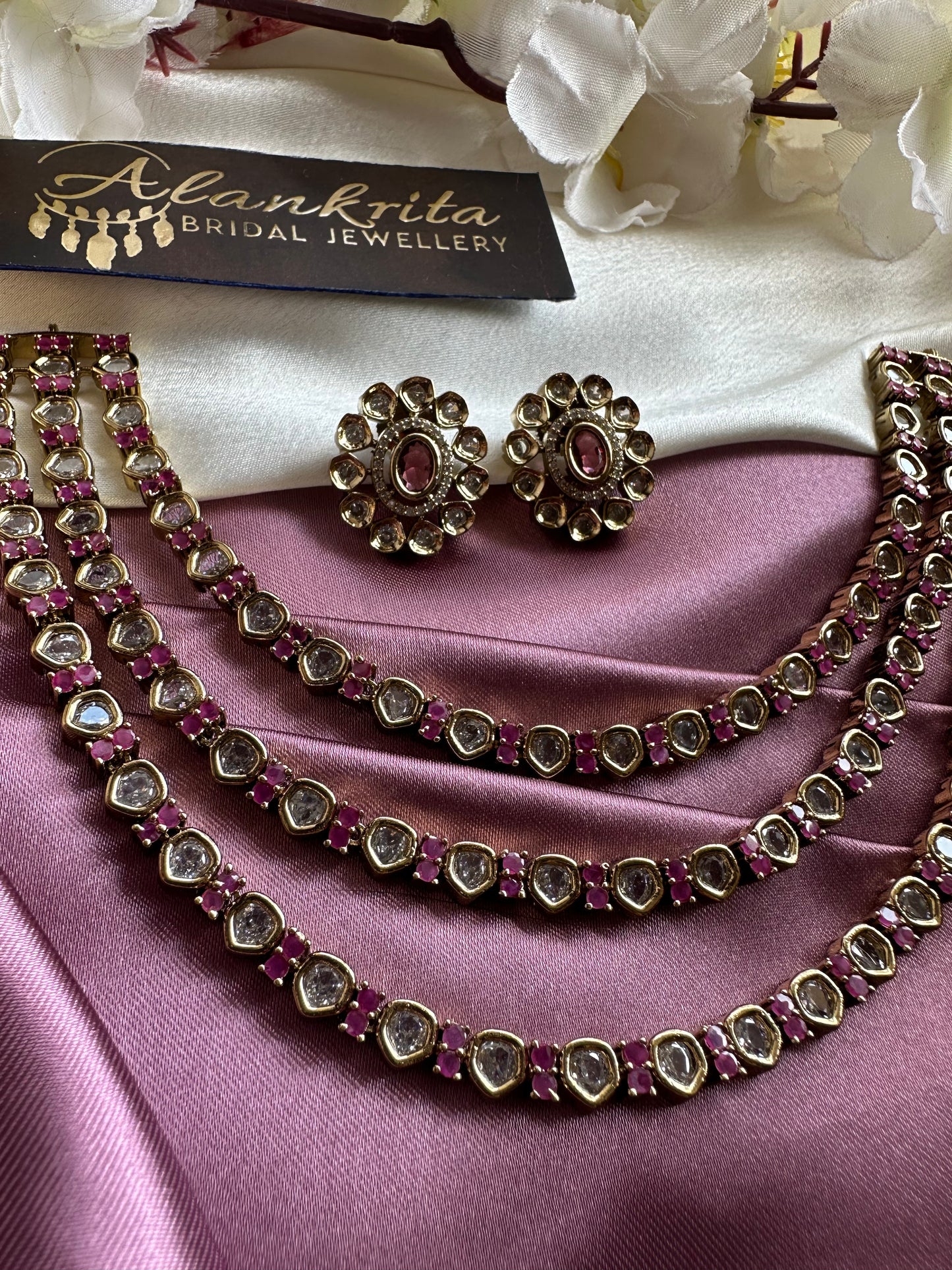Premium Three Layered Victorian Pink & White Short Necklace